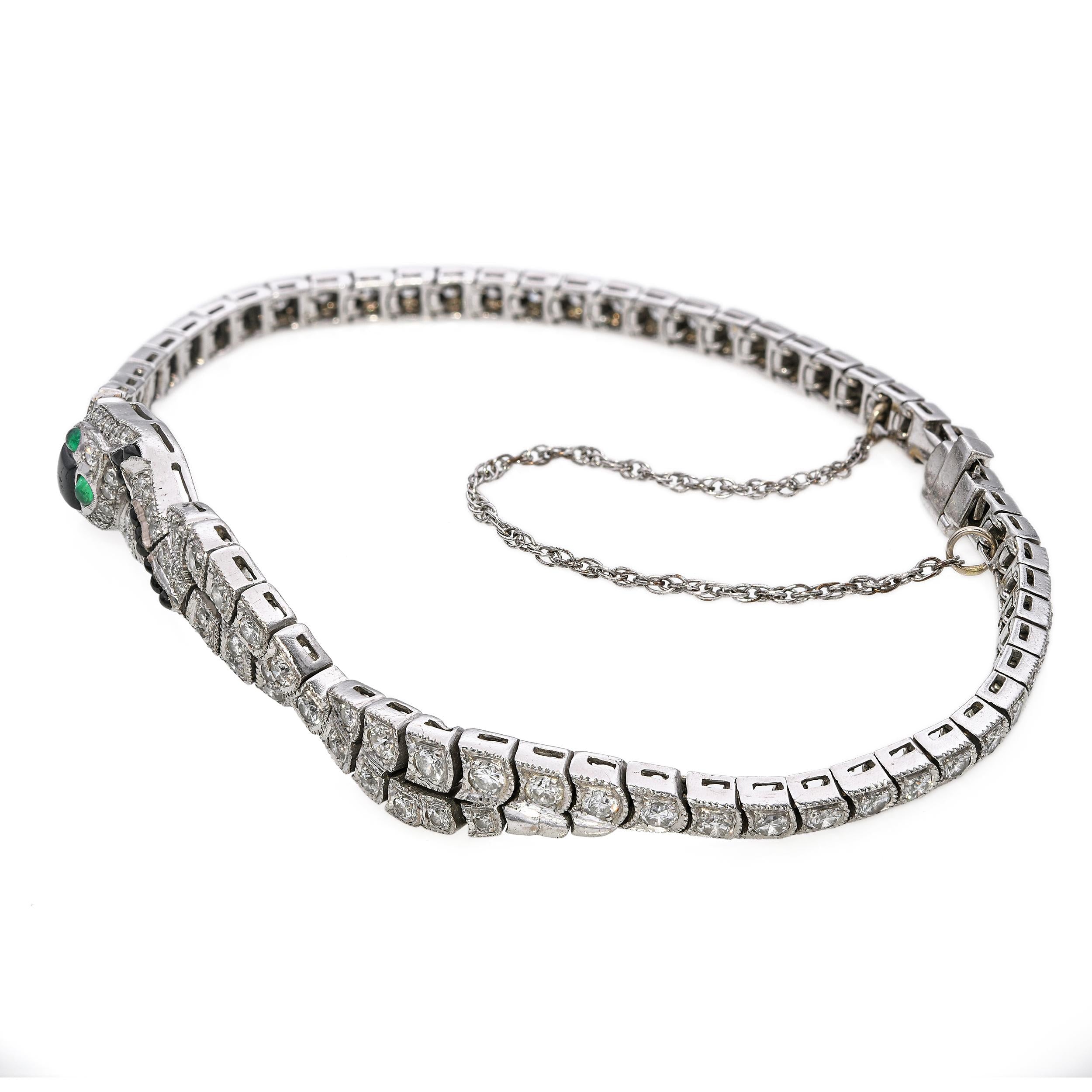 Art Deco 18k White Gold Diamond Onyx and Emerald Snake Bracelet