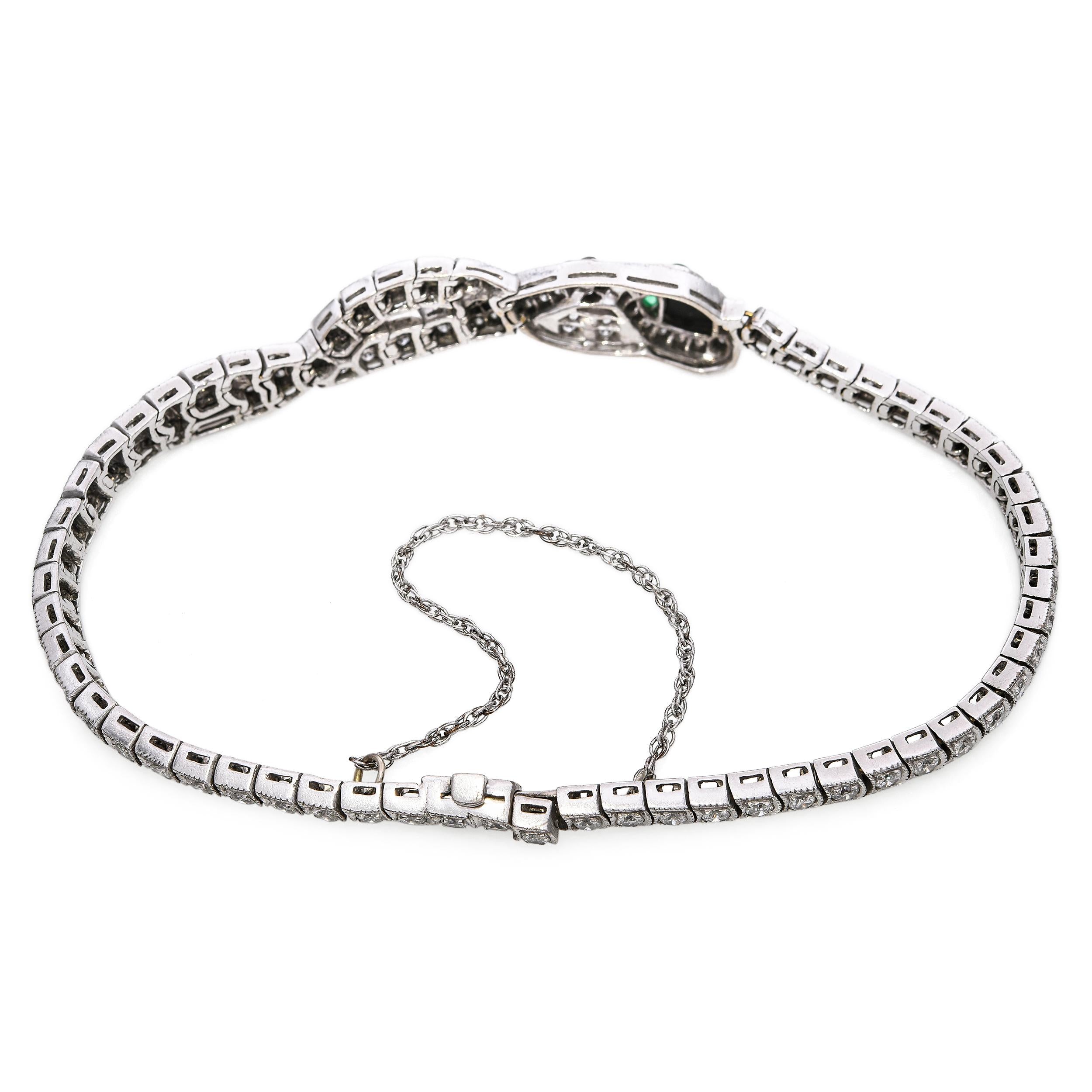 Art Deco 18k White Gold Diamond Onyx and Emerald Snake Bracelet