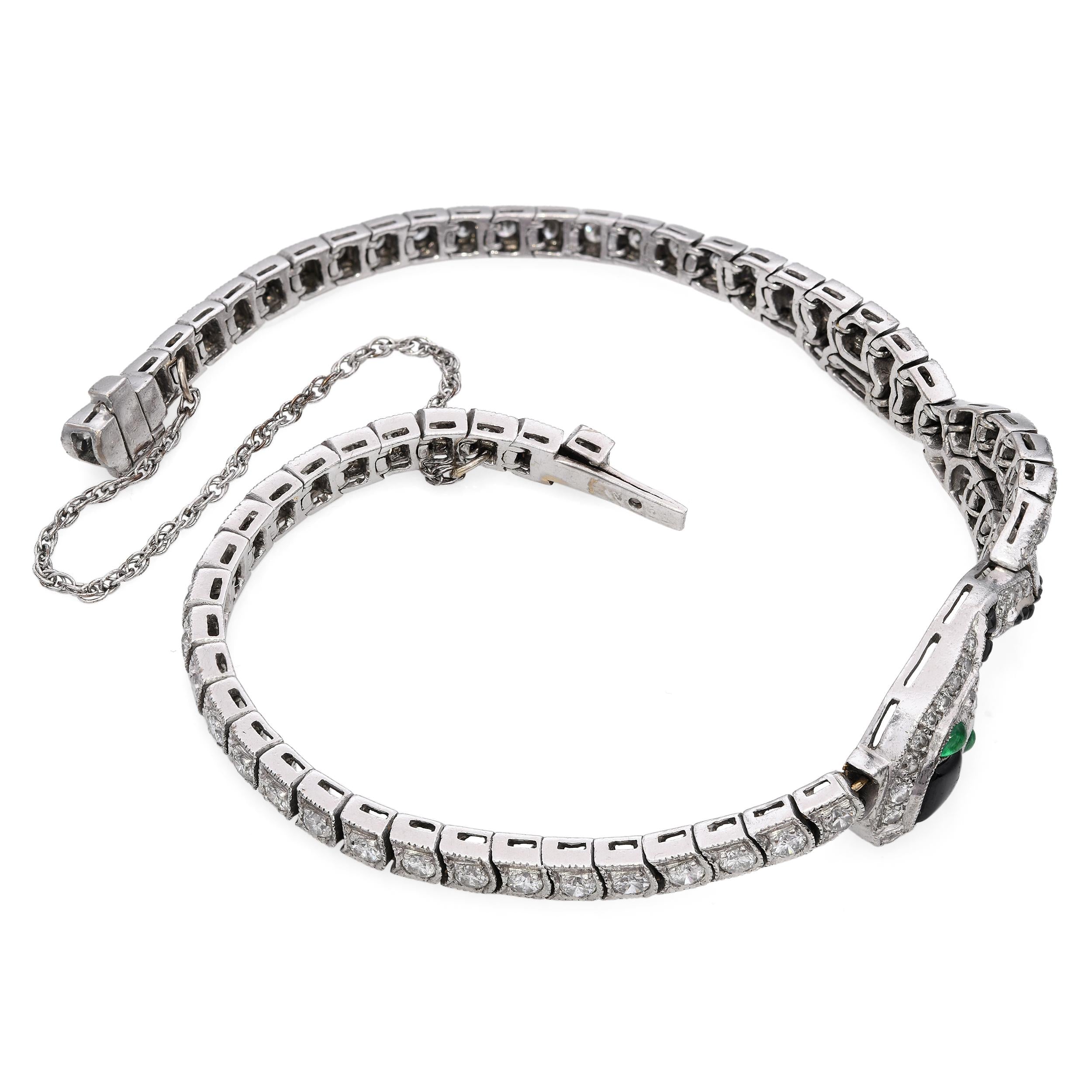 Art Deco 18k White Gold Diamond Onyx and Emerald Snake Bracelet