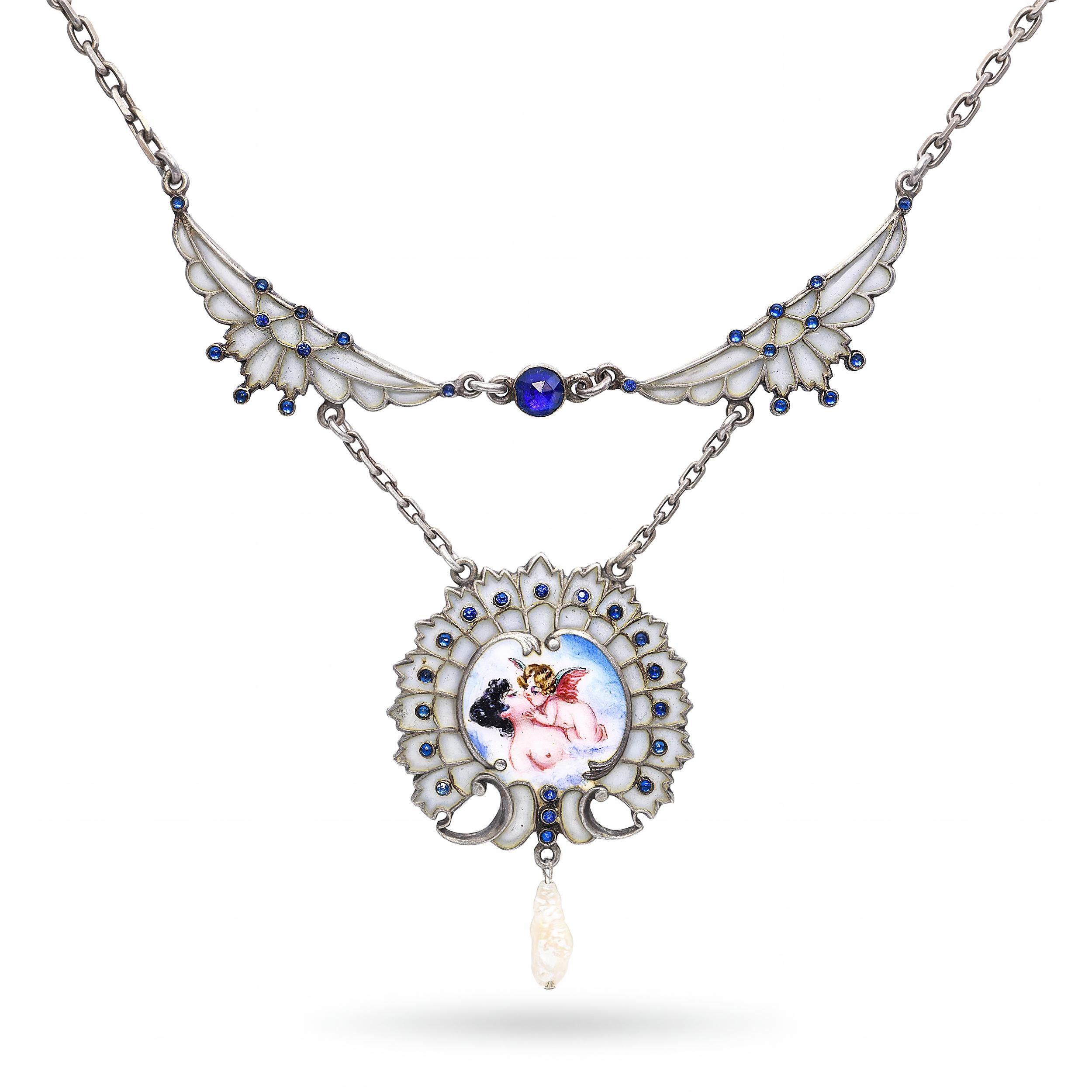 Antique Sterling Silver Synthetic Sapphire Enamel and Natural Pearl Necklace