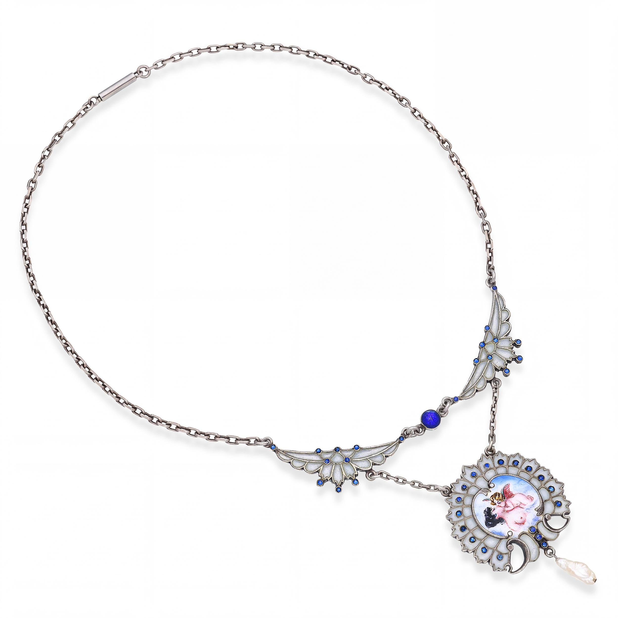 Antique Sterling Silver Synthetic Sapphire Enamel and Natural Pearl Necklace