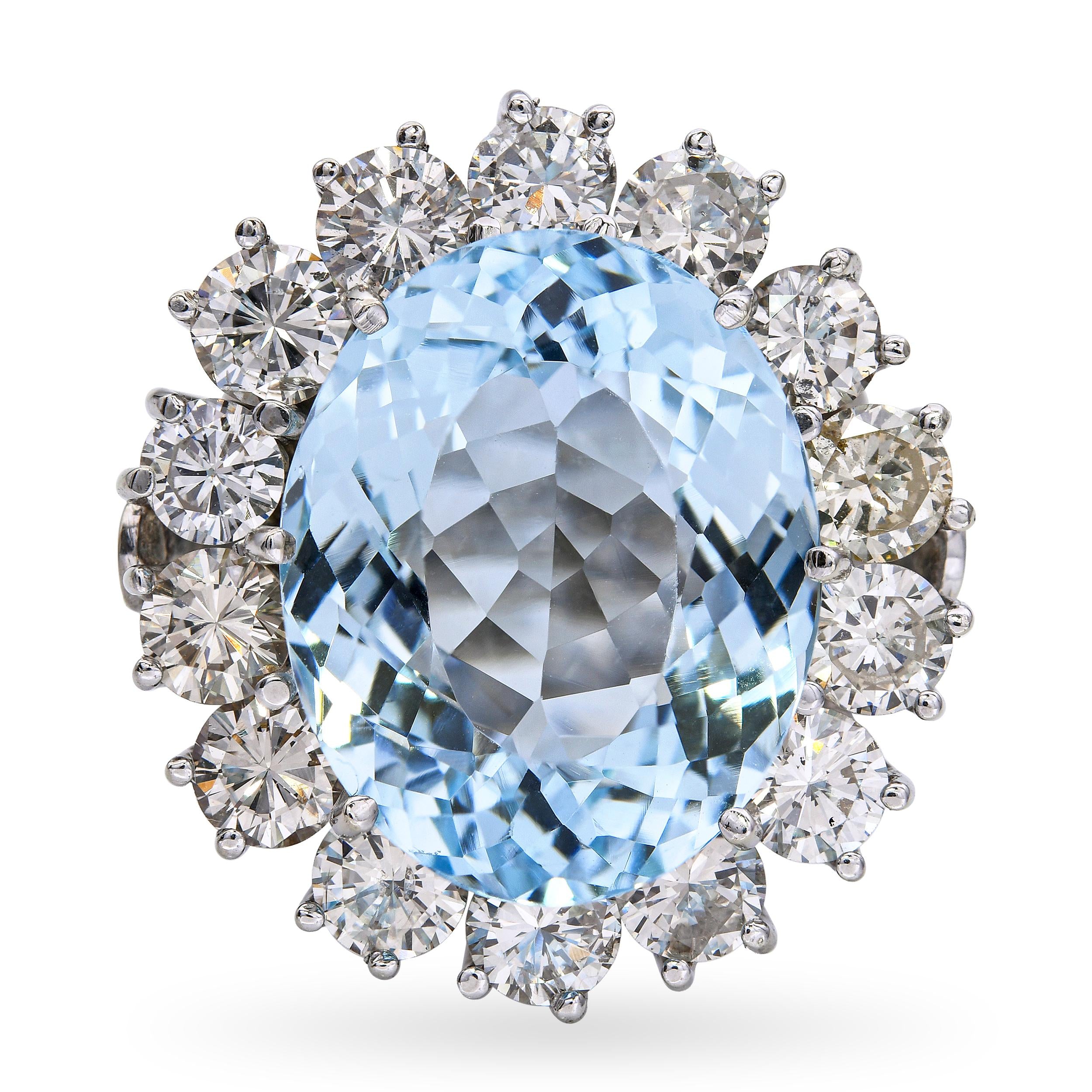 Vintage 14k White Gold Aquamarine and Diamond Cocktail Ring