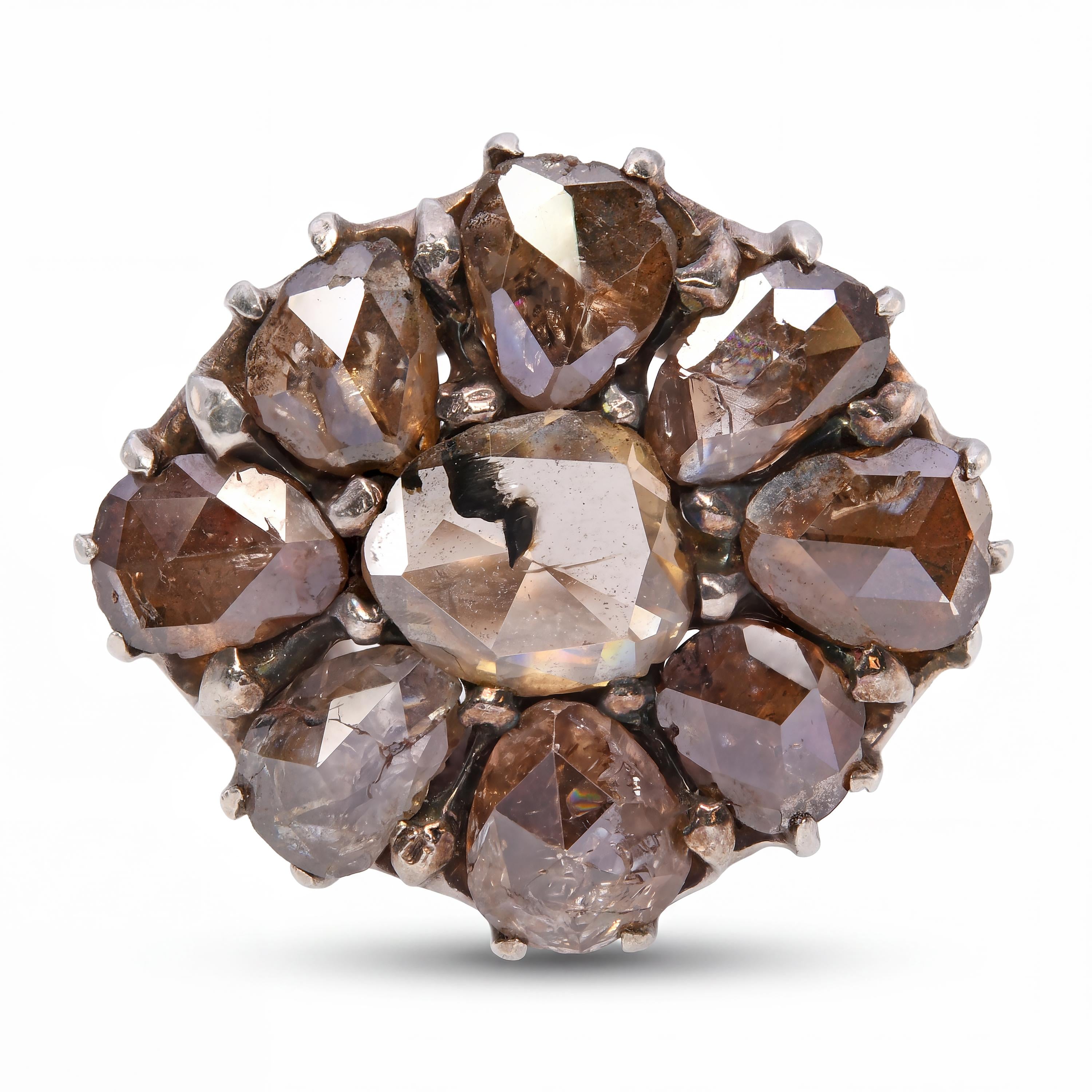 Antique Silver Topped 14k Yellow Gold Fancy Brown Rose Cut Diamond Cluster Ring
