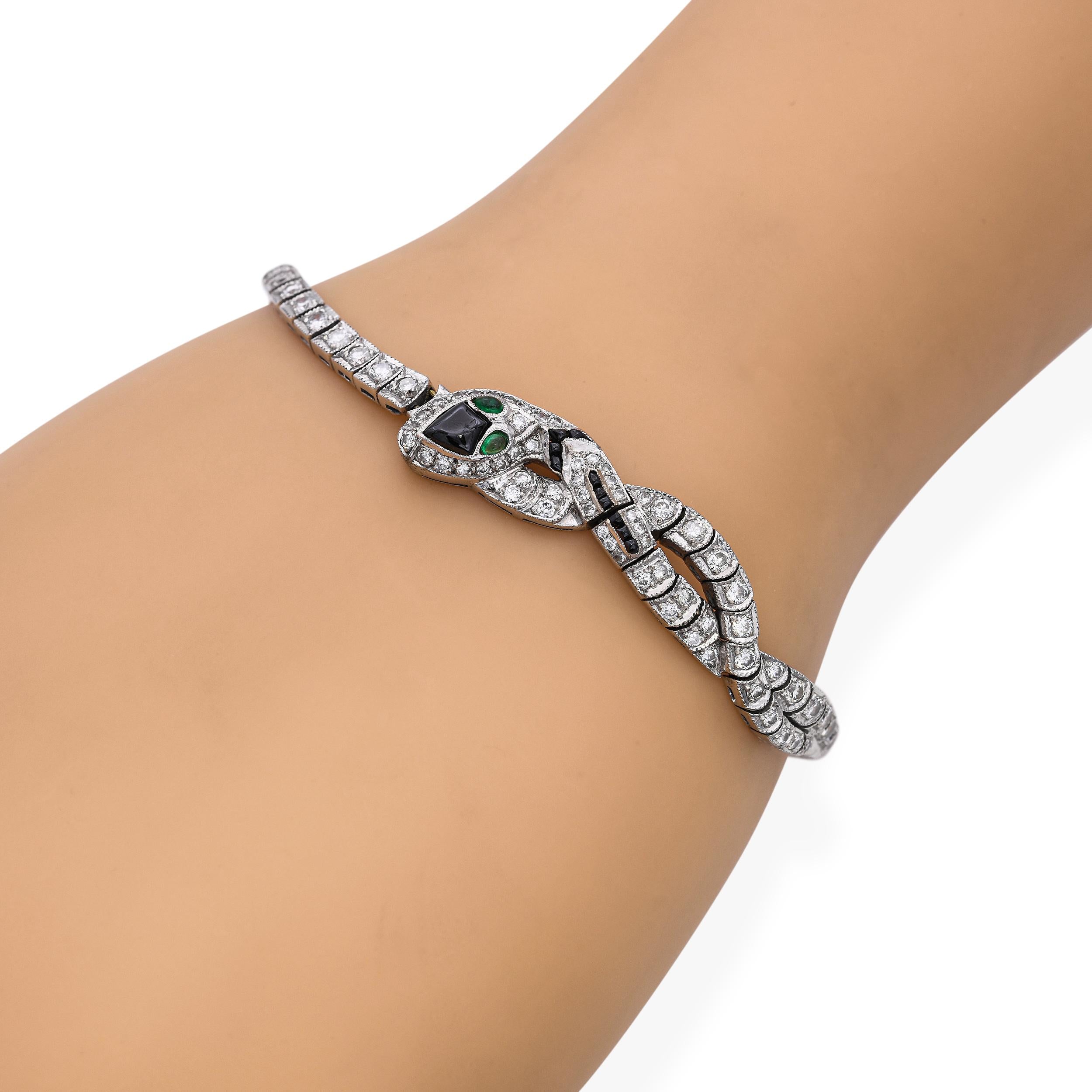 Art Deco 18k White Gold Diamond Onyx and Emerald Snake Bracelet