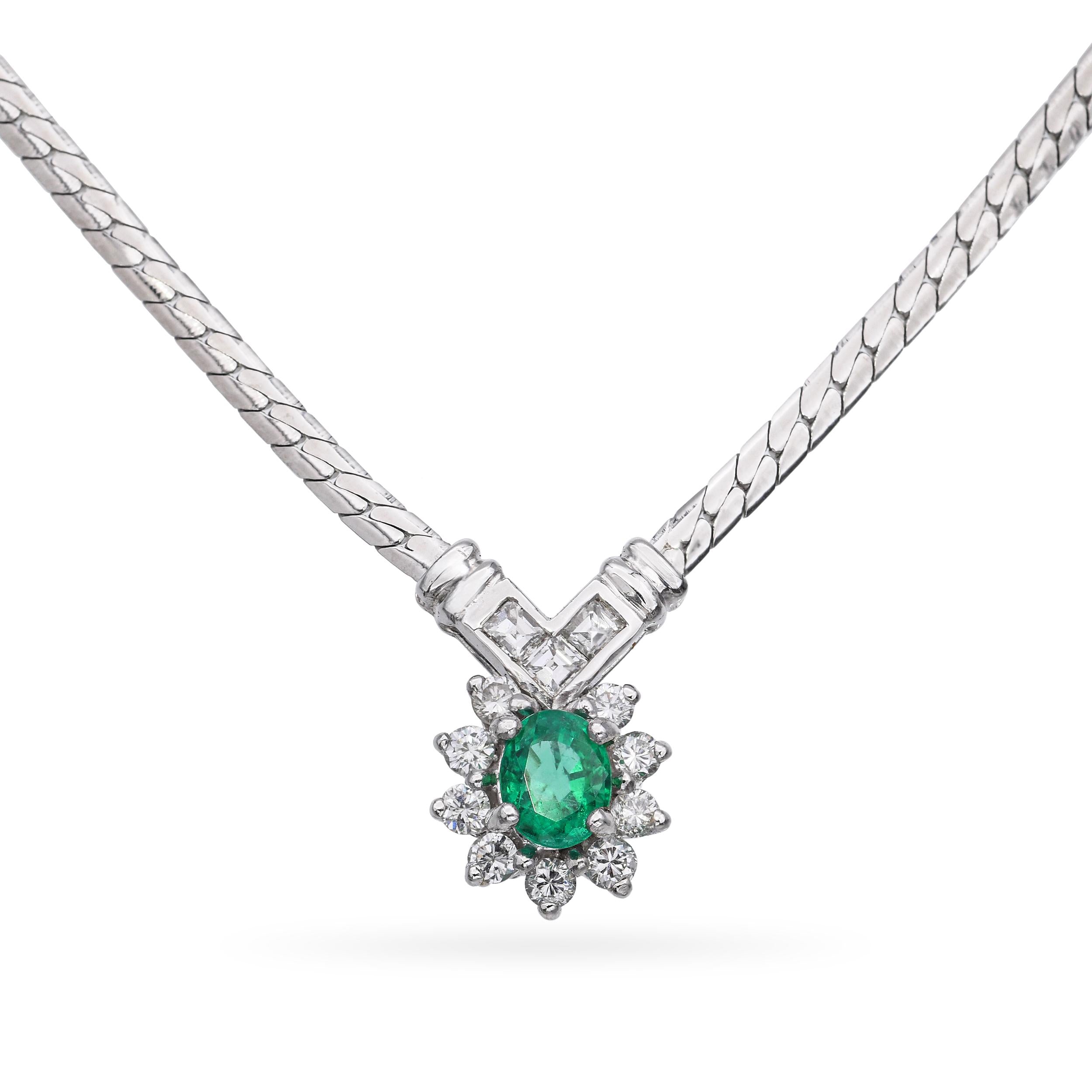 Vintage 18k White Gold Emerald Diamond Necklace