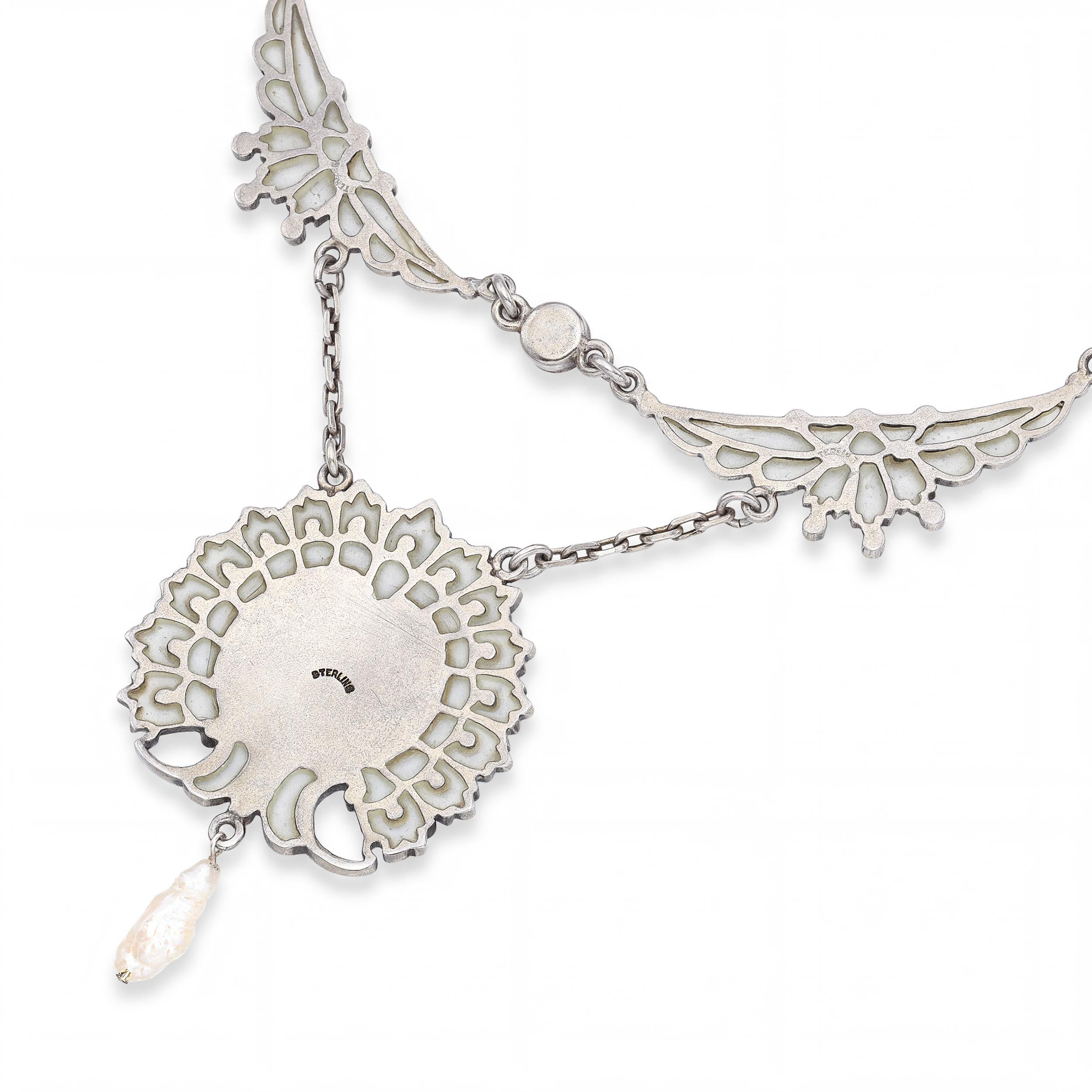 Antique Sterling Silver Synthetic Sapphire Enamel and Natural Pearl Necklace