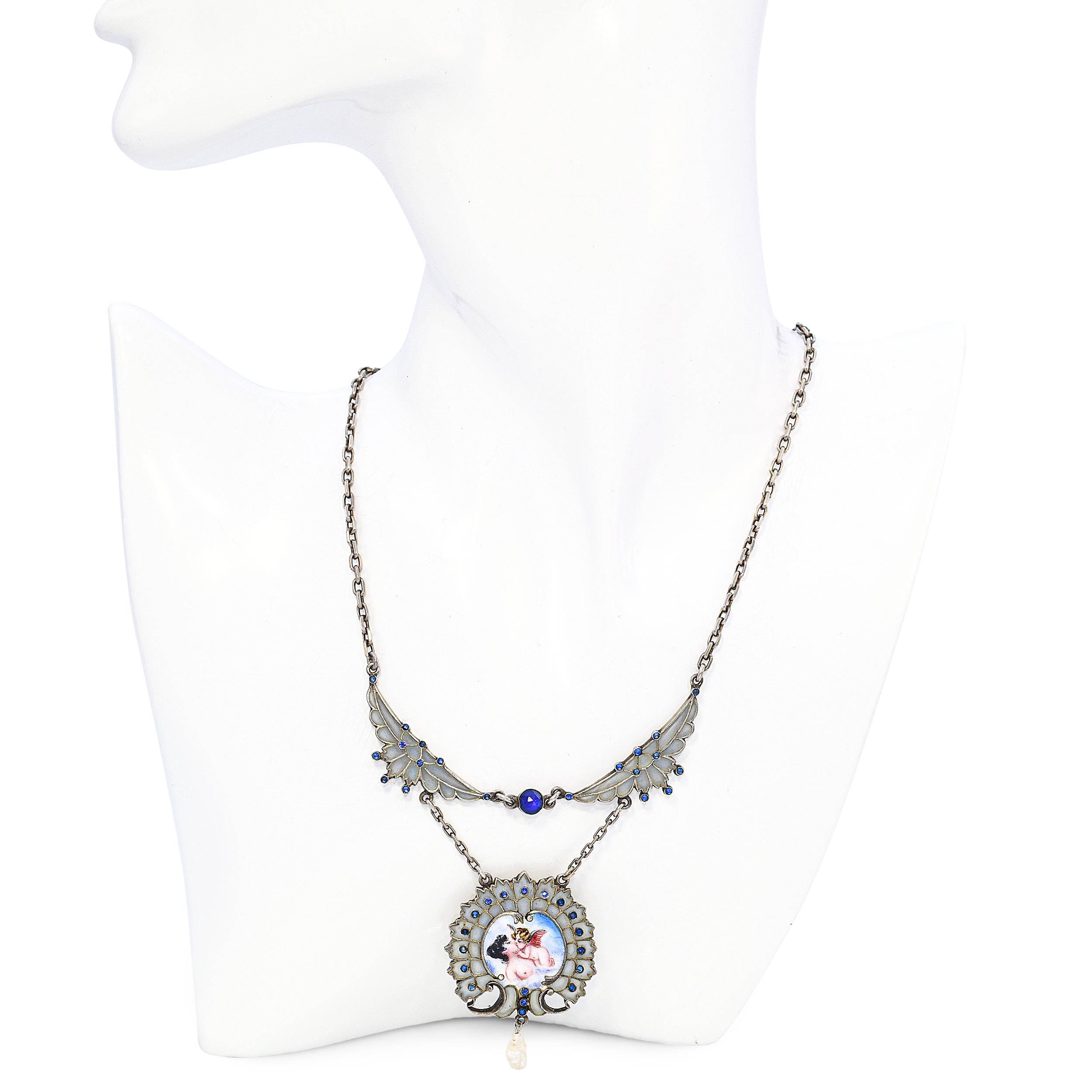 Antique Sterling Silver Synthetic Sapphire Enamel and Natural Pearl Necklace