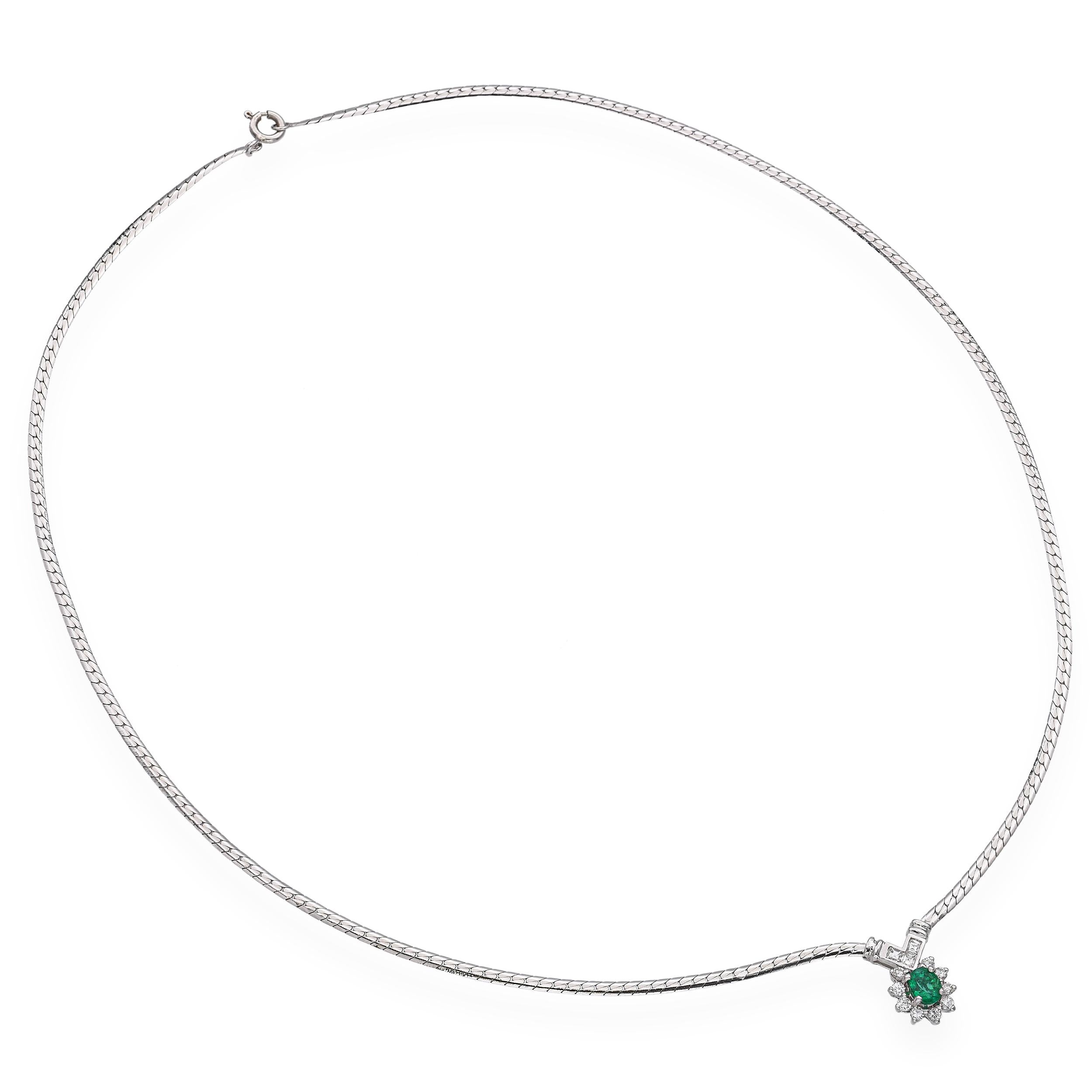 Vintage 18k White Gold Emerald Diamond Necklace