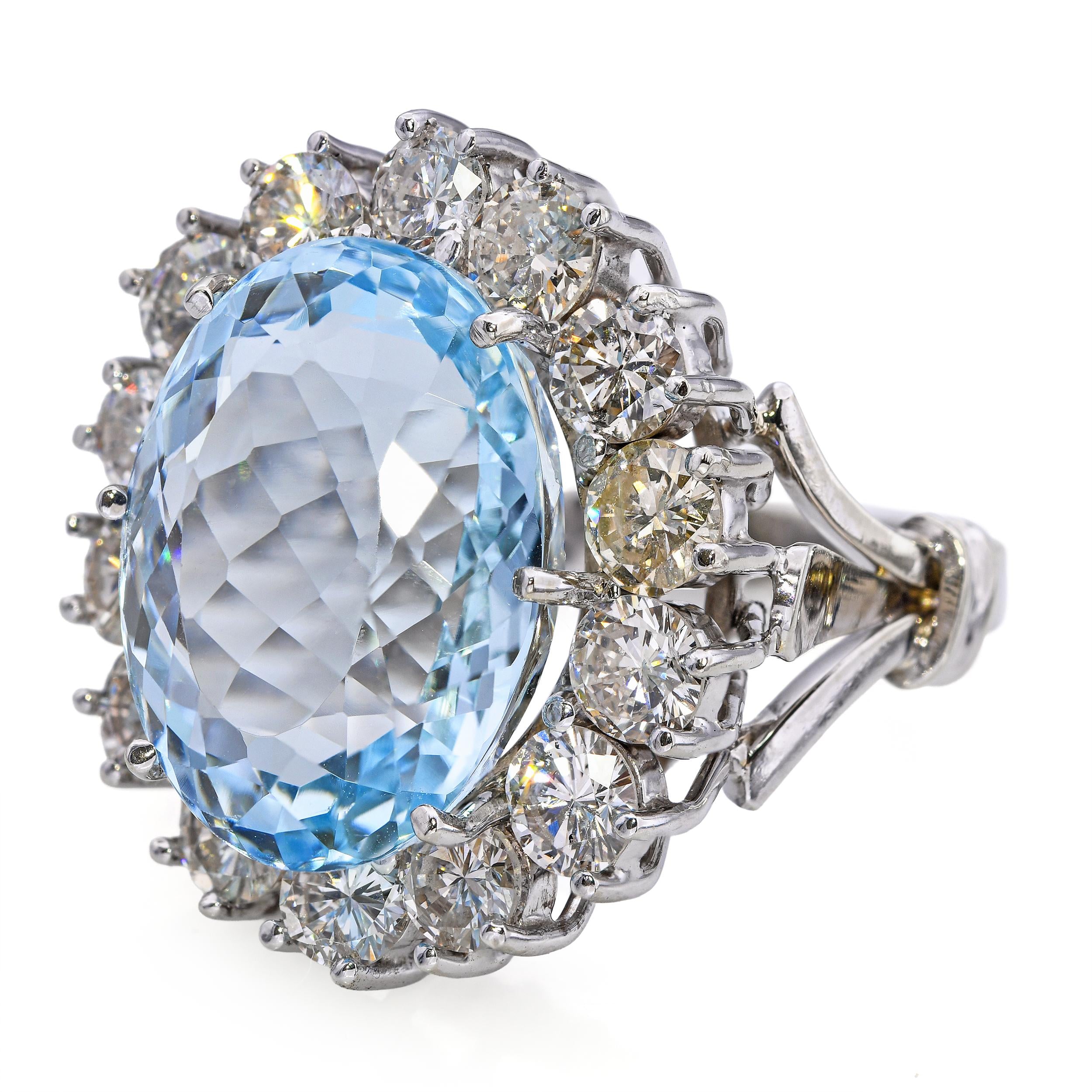 Vintage 14k White Gold Aquamarine and Diamond Cocktail Ring