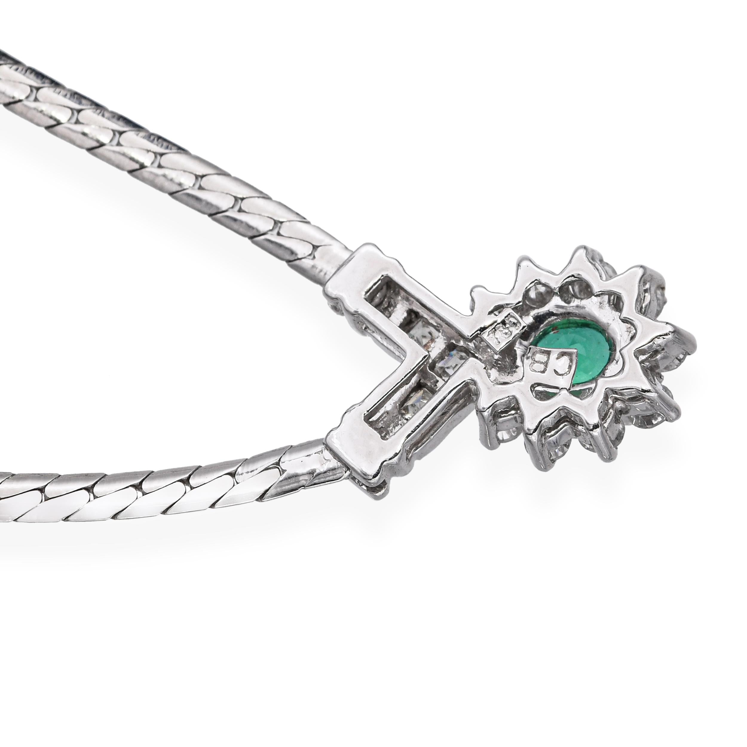 Vintage 18k White Gold Emerald Diamond Necklace