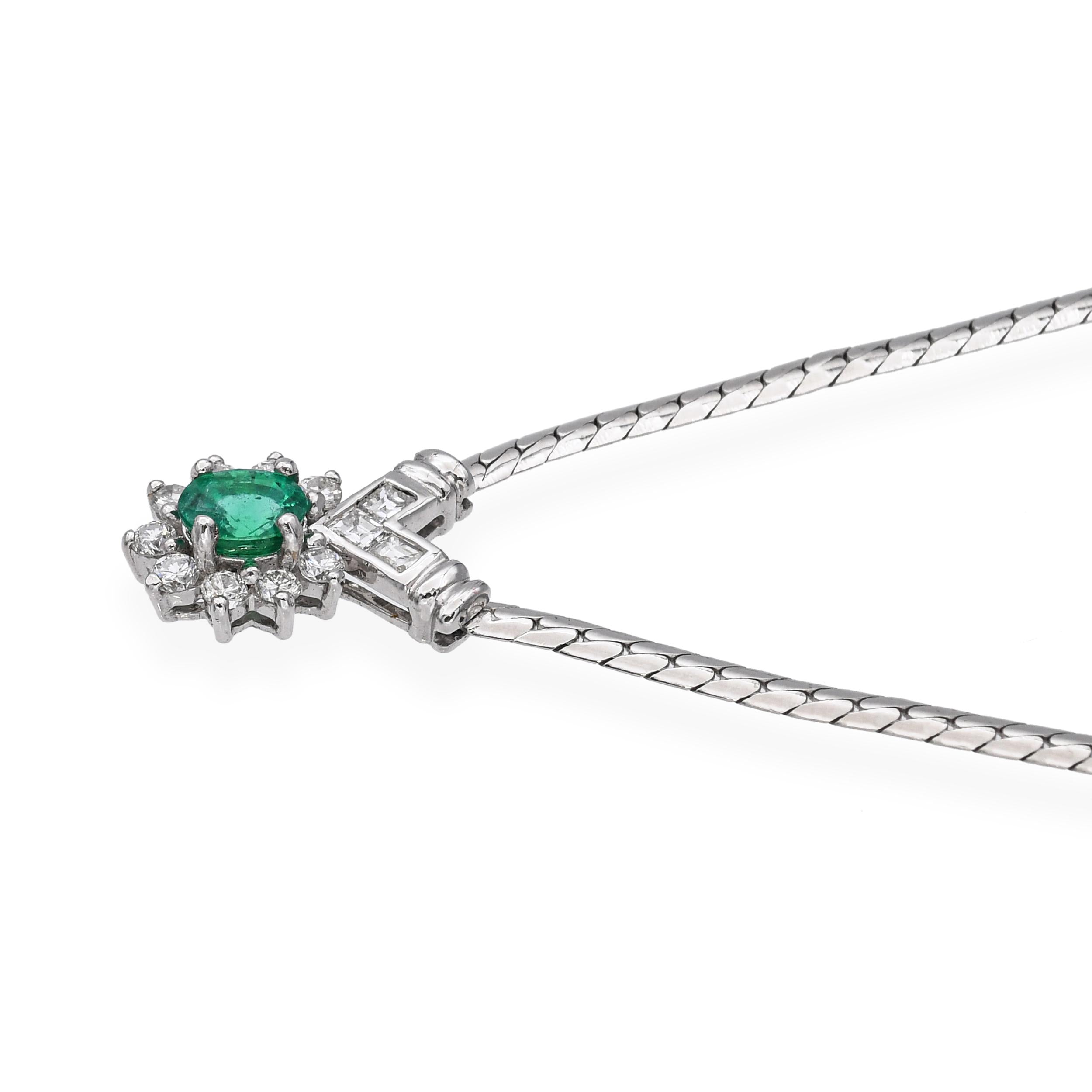 Vintage 18k White Gold Emerald Diamond Necklace