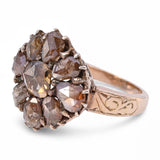 Antique Silver Topped 14k Yellow Gold Fancy Brown Rose Cut Diamond Cluster Ring