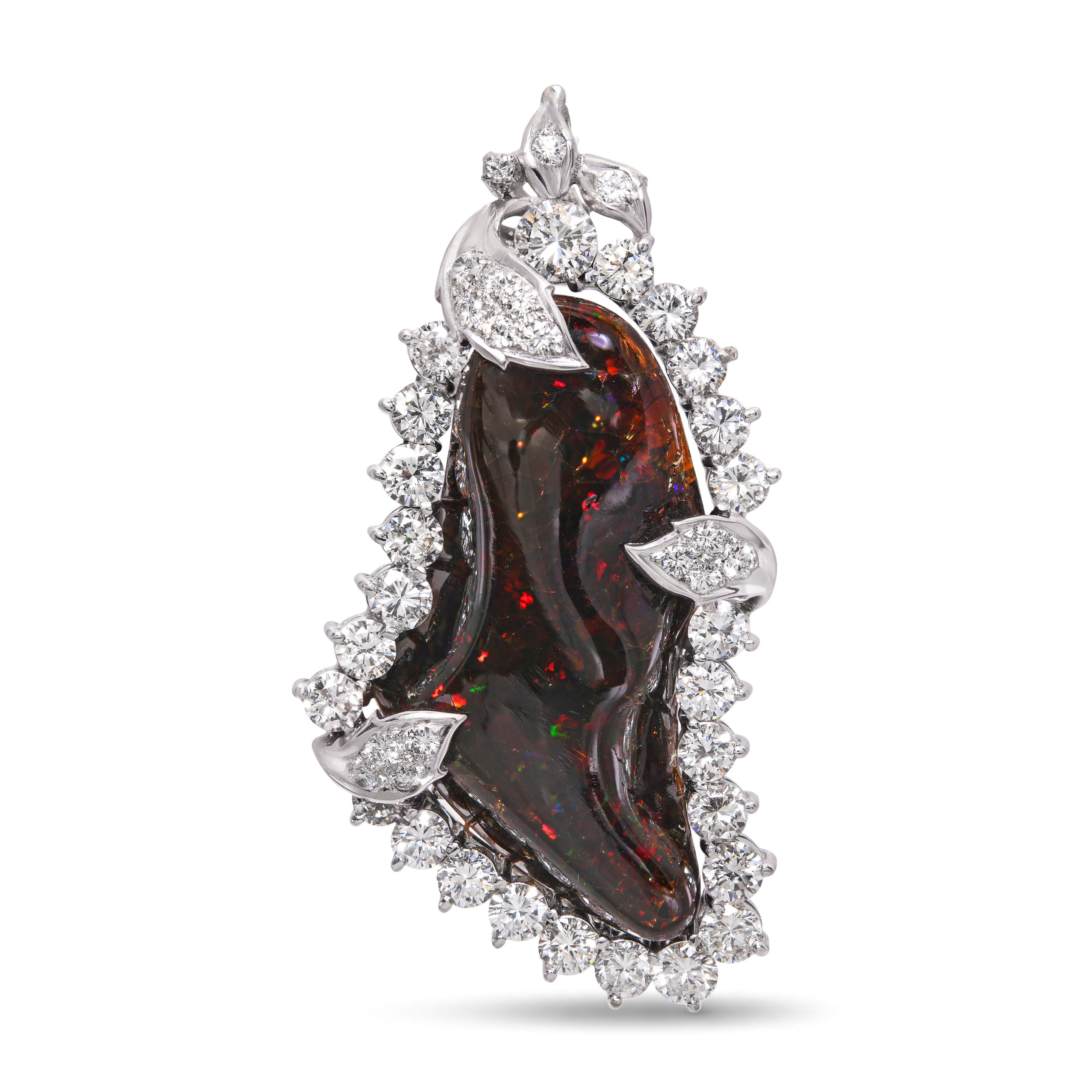 14k White Gold Precious Chocolate Mexican Opal and Diamond Pendant Brooch