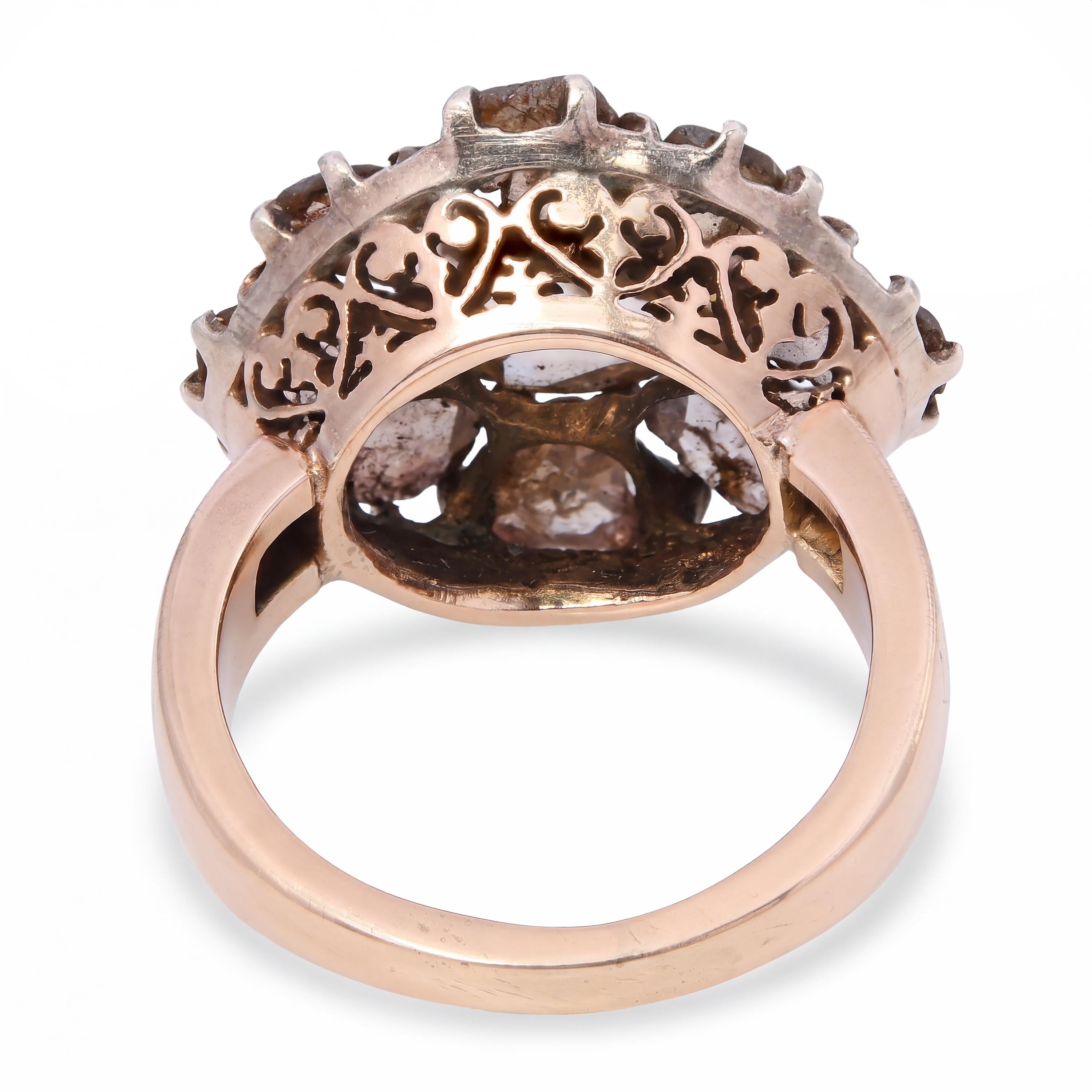 Antique Silver Topped 14k Yellow Gold Fancy Brown Rose Cut Diamond Cluster Ring