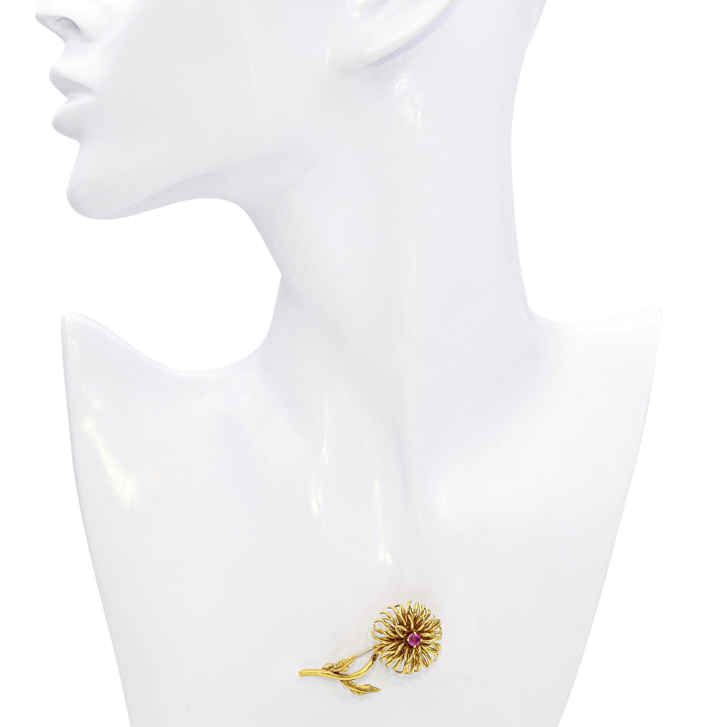 Vintage Tiffany & Co 18k Yellow Gold Ruby Chrysanthemum Flower Brooch