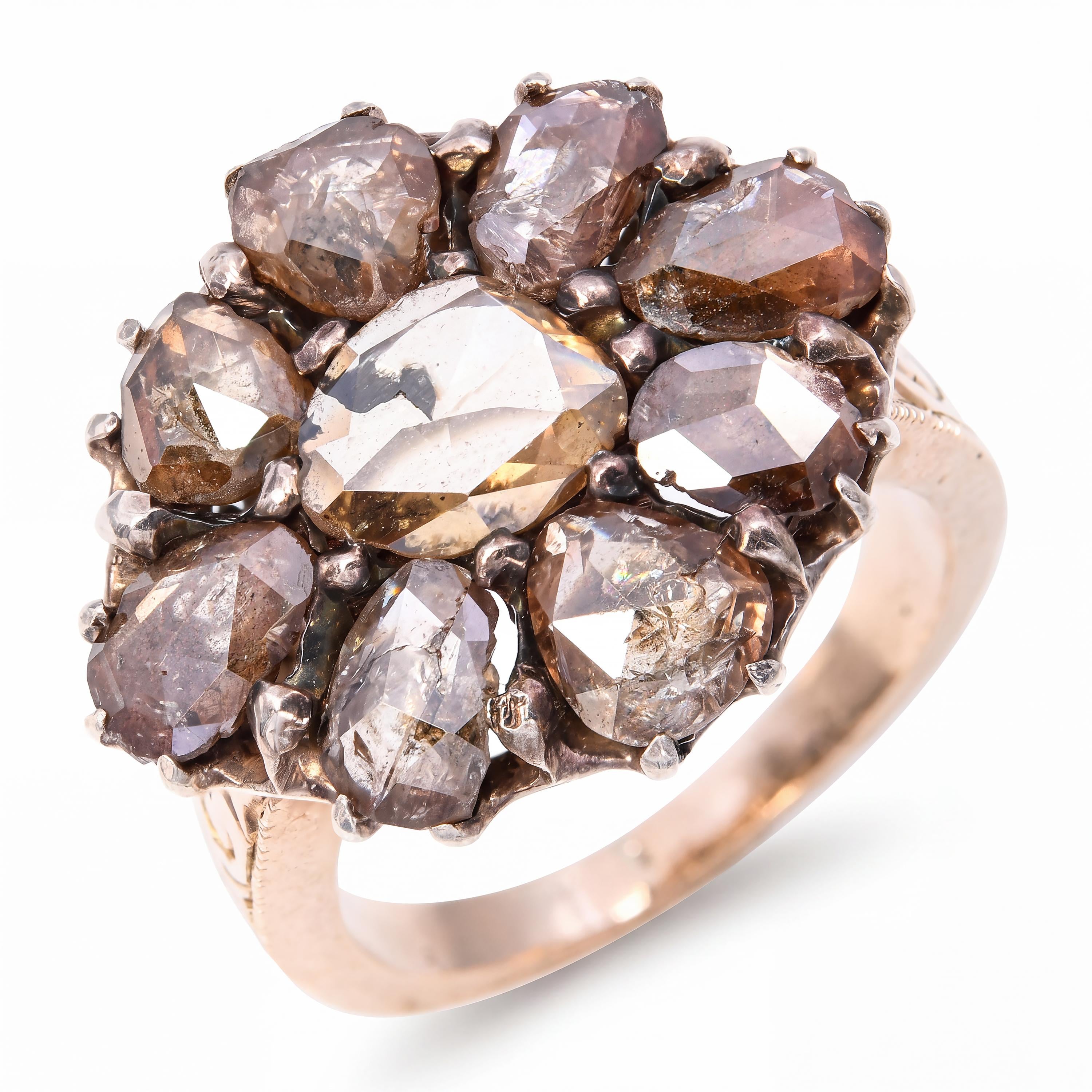 Antique Silver Topped 14k Yellow Gold Fancy Brown Rose Cut Diamond Cluster Ring