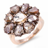 Antique Silver Topped 14k Yellow Gold Fancy Brown Rose Cut Diamond Cluster Ring