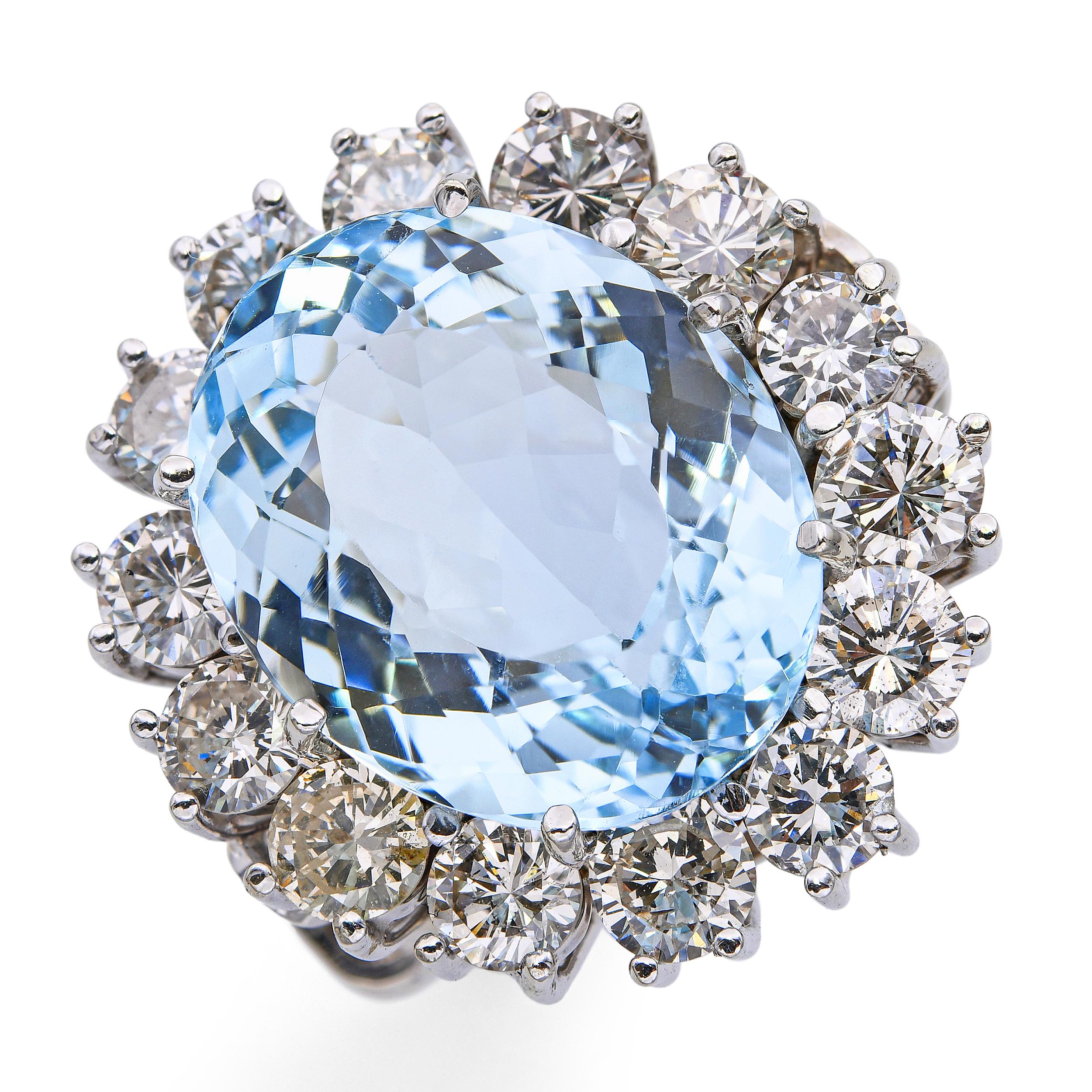 Vintage 14k White Gold Aquamarine and Diamond Cocktail Ring