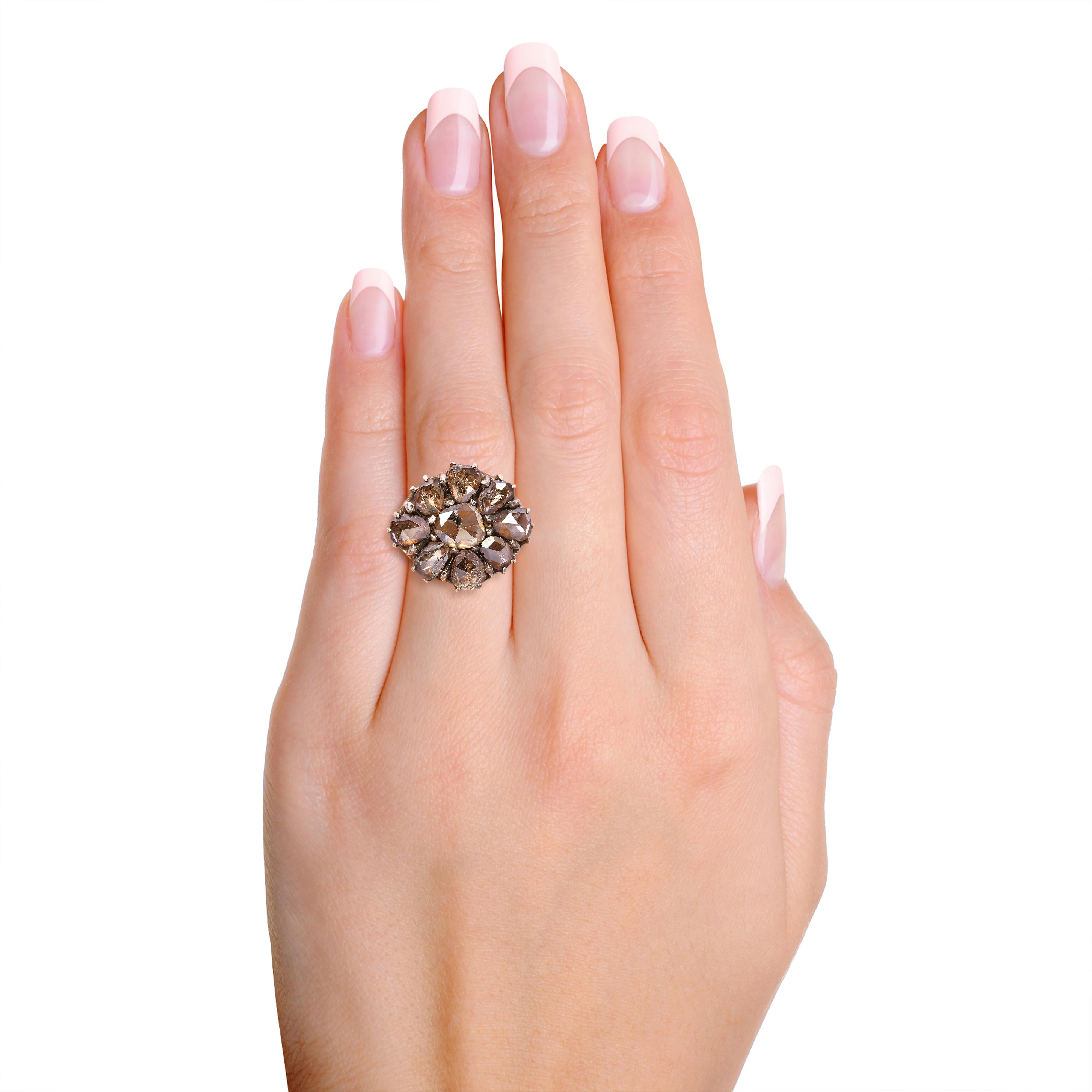 Antique Silver Topped 14k Yellow Gold Fancy Brown Rose Cut Diamond Cluster Ring