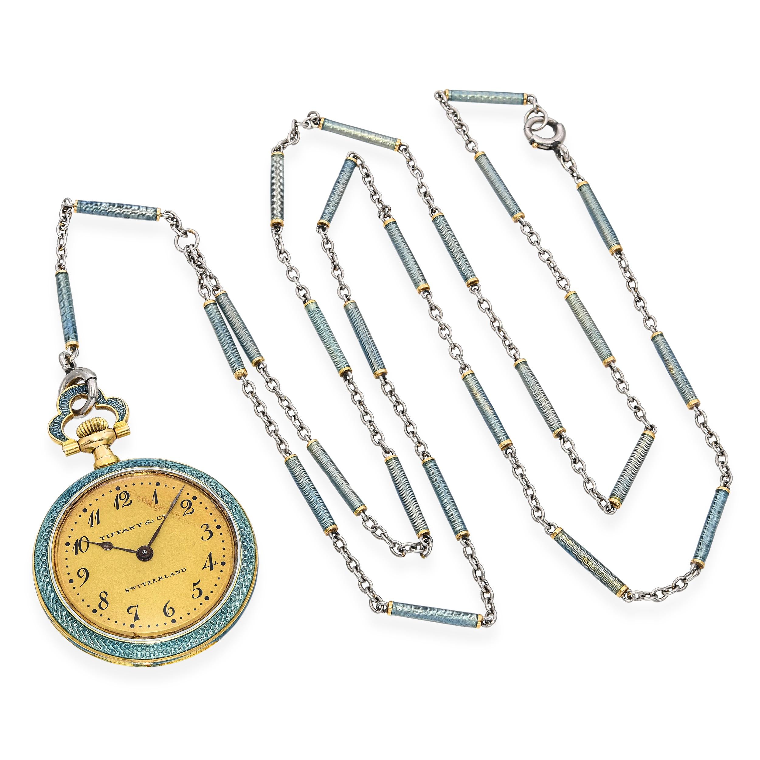 Antique 1900s Tiffany & Co. Guilloche Enamel Pocket Watch Necklace