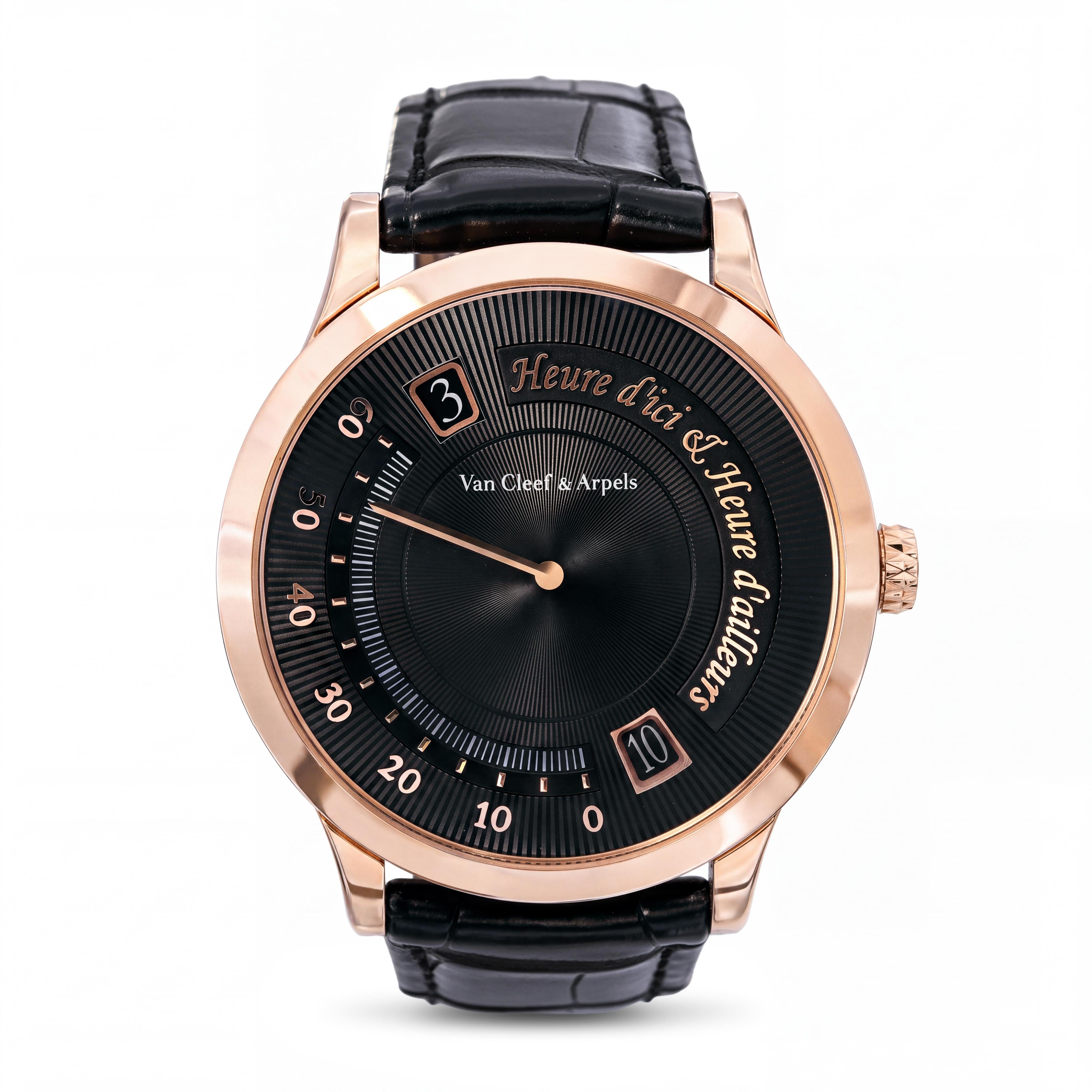 Van Cleef & Arpels 18k Rose Gold Heure D’ici & D’ailleurs 42mm Automatic Watch