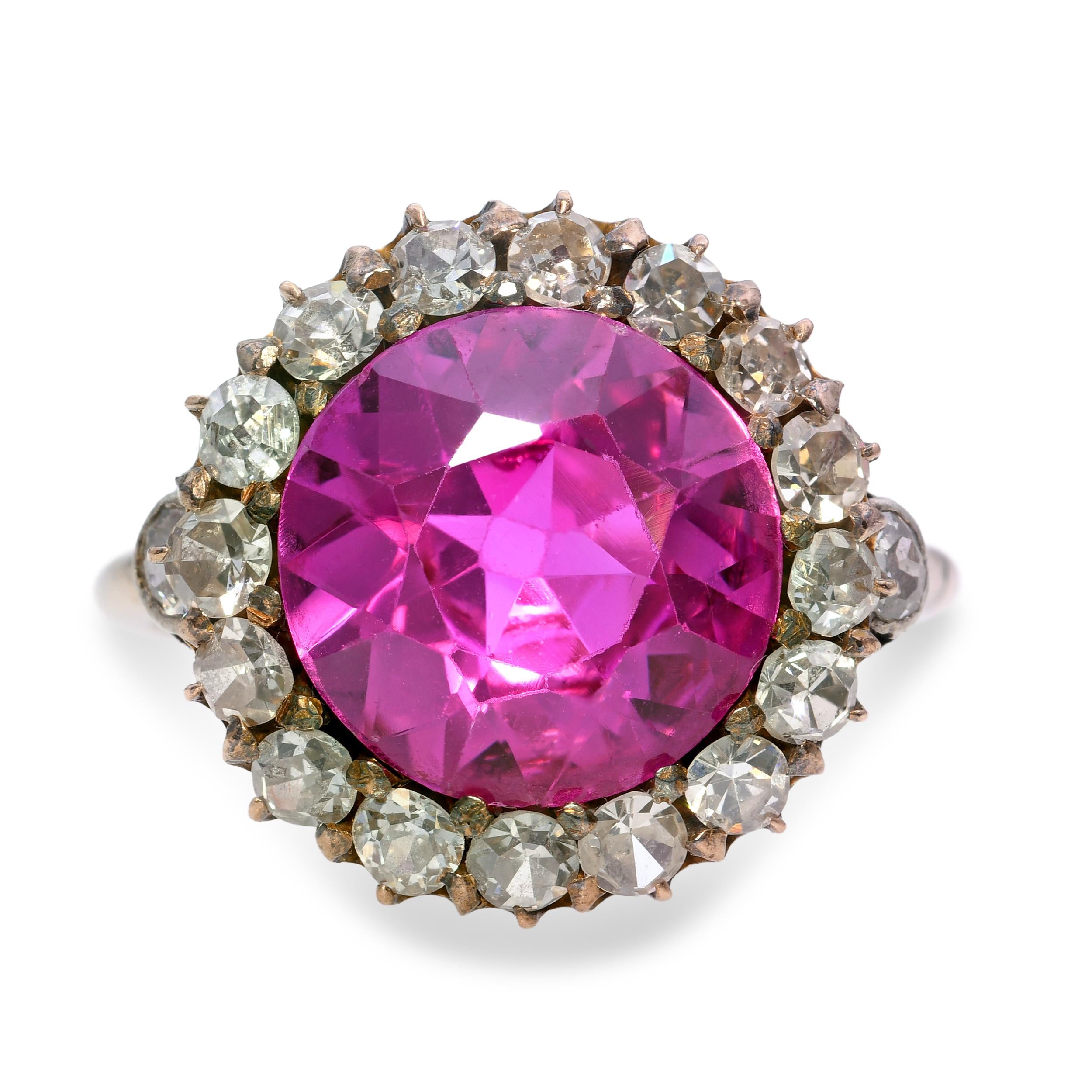 Vintage Yellow Gold Created Pink Sapphire Diamond Halo Ring
