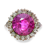 Vintage Yellow Gold Created Pink Sapphire Diamond Halo Ring