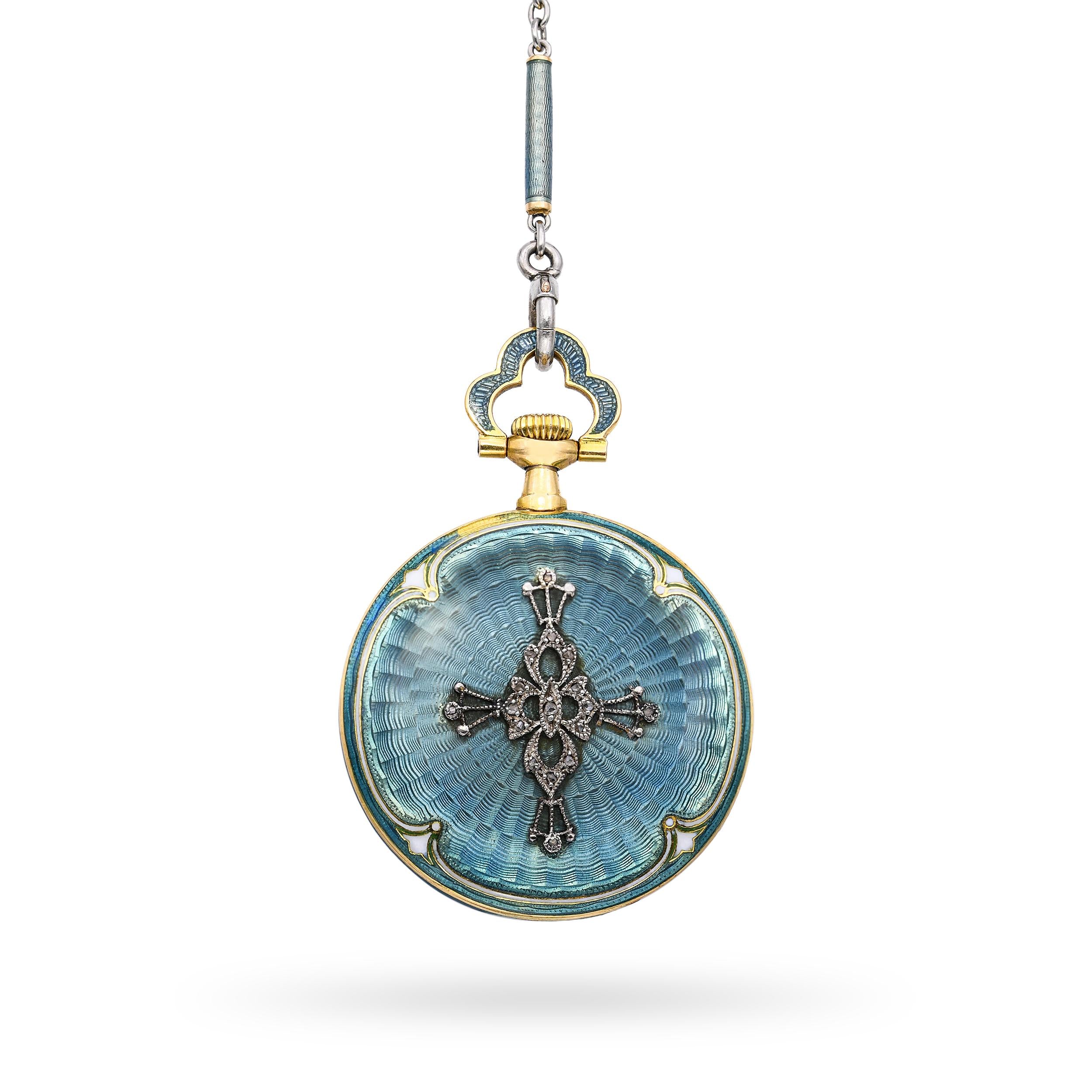 Antique 1900s Tiffany & Co. Guilloche Enamel Pocket Watch Necklace