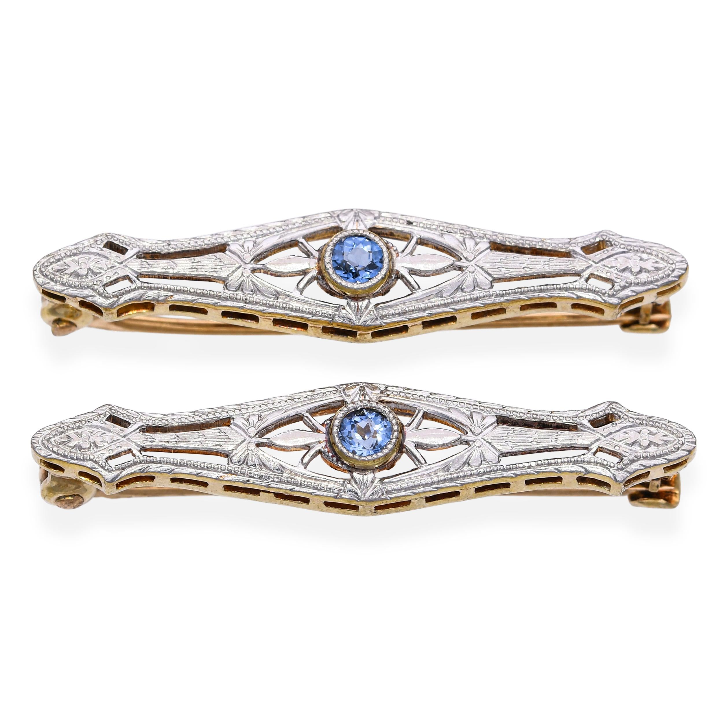 Two Antique 14k Yellow Gold and Platinum Sapphire Bar Brooch