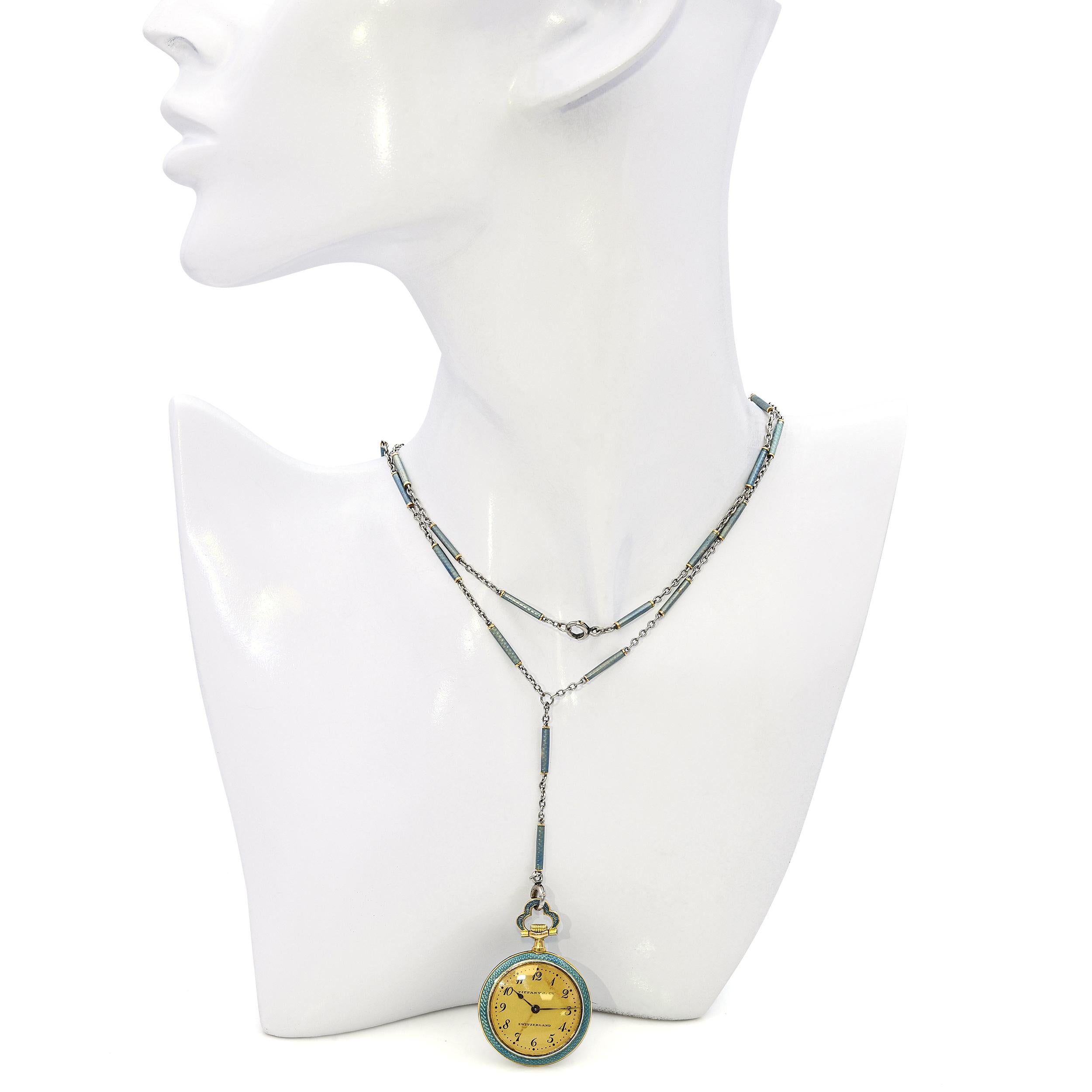 Antique 1900s Tiffany & Co. Guilloche Enamel Pocket Watch Necklace