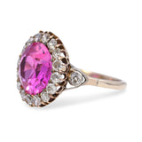 Vintage Yellow Gold Created Pink Sapphire Diamond Halo Ring