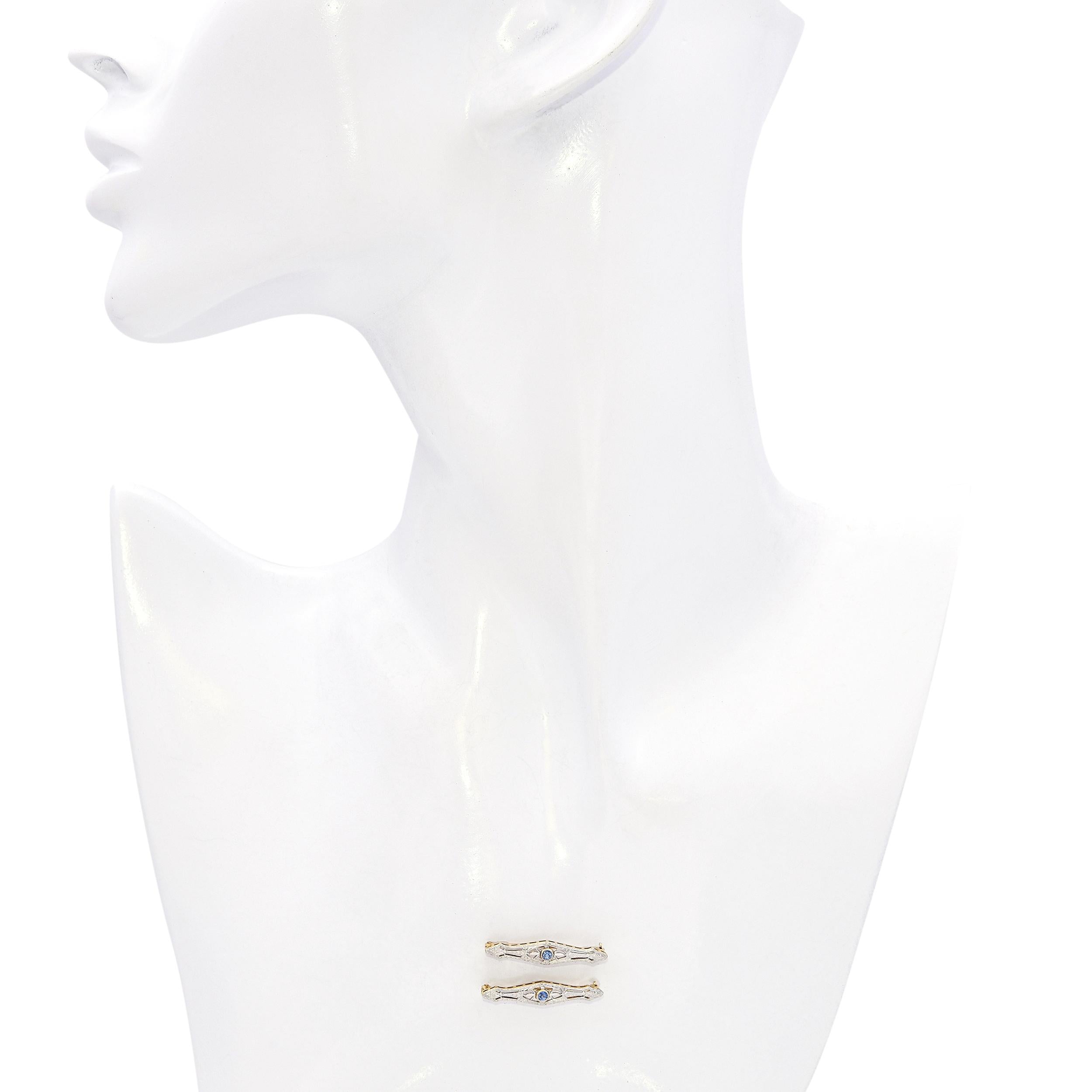 Two Antique 14k Yellow Gold and Platinum Sapphire Bar Brooch