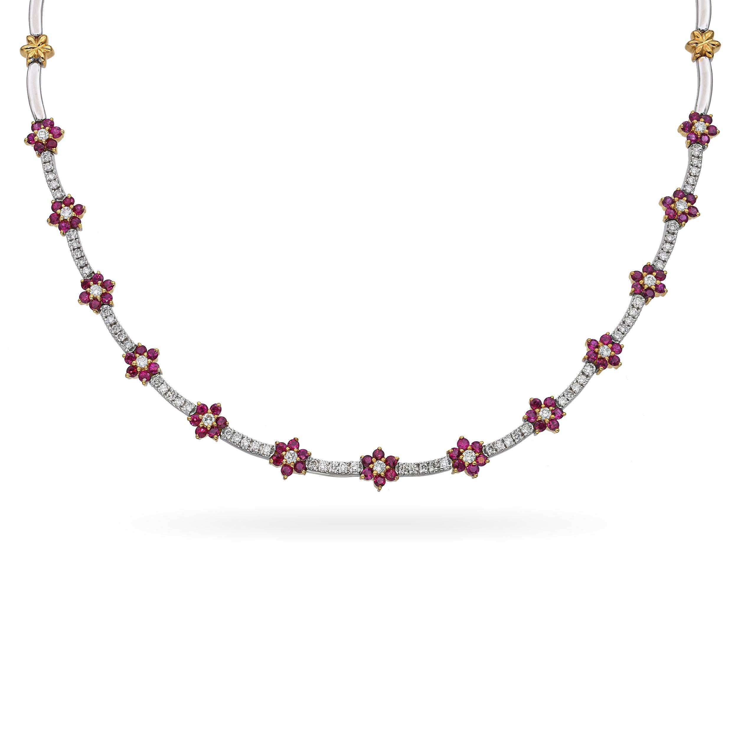 18k Two-Tone Gold 2.34tcw Ruby and 1.98tcw Diamond Floral Necklace