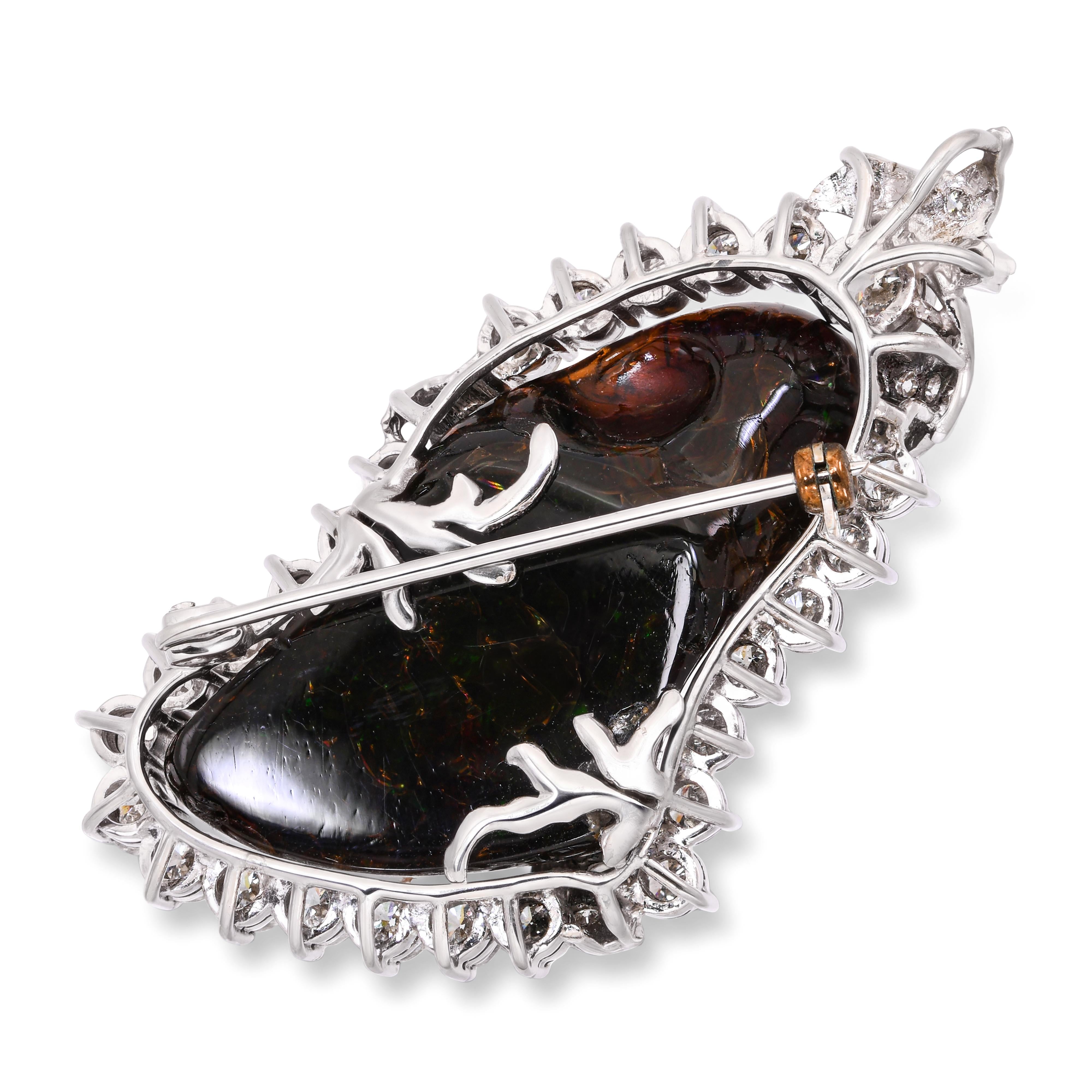 14k White Gold Precious Chocolate Mexican Opal and Diamond Pendant Brooch