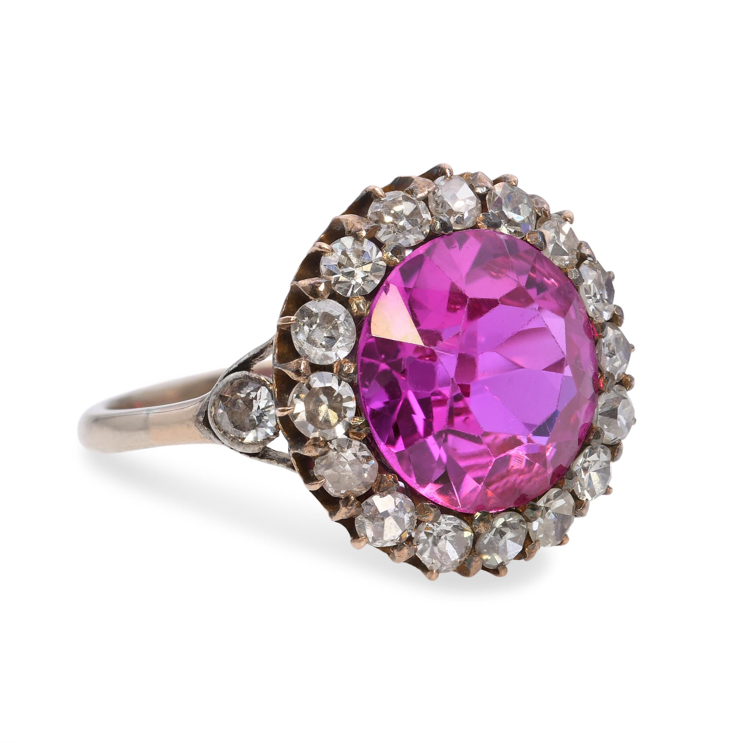 Vintage Yellow Gold Created Pink Sapphire Diamond Halo Ring