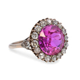 Vintage Yellow Gold Created Pink Sapphire Diamond Halo Ring