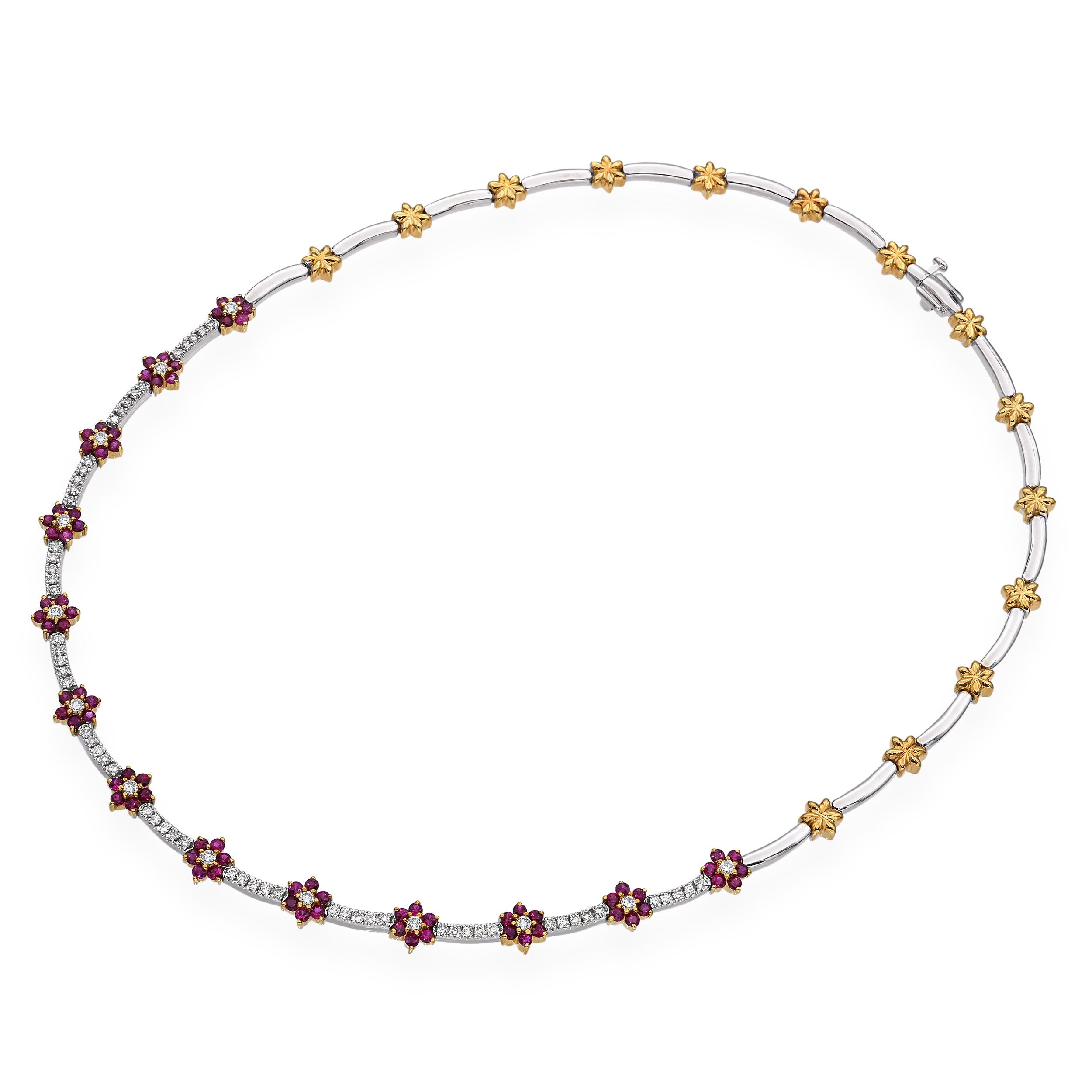 18k Two-Tone Gold 2.34tcw Ruby and 1.98tcw Diamond Floral Necklace