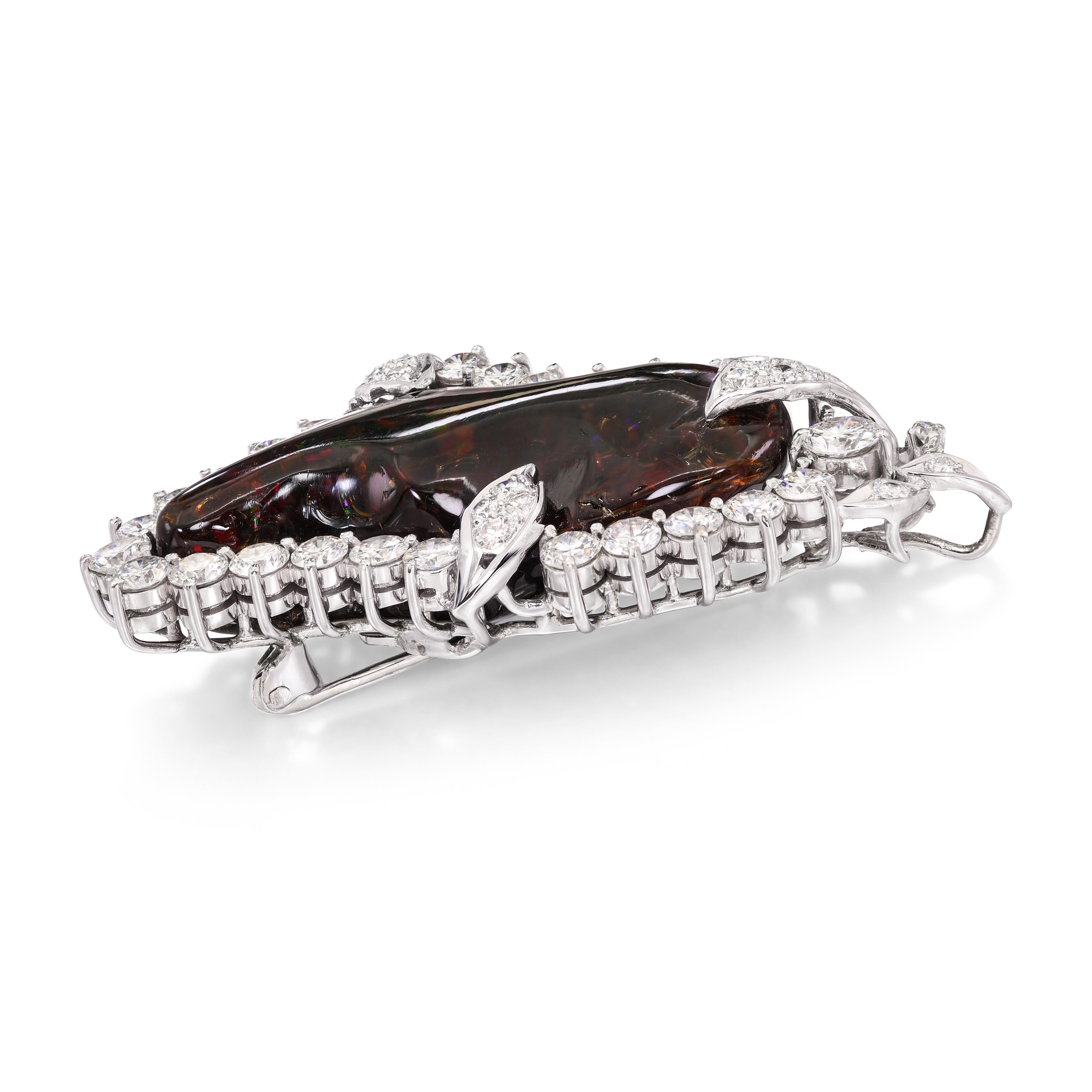 14k White Gold Precious Chocolate Mexican Opal and Diamond Pendant Brooch
