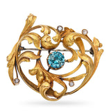 Antique Rococo Revival 18k Yellow Gold Blue Zircon and Rose Cut Diamond Brooch