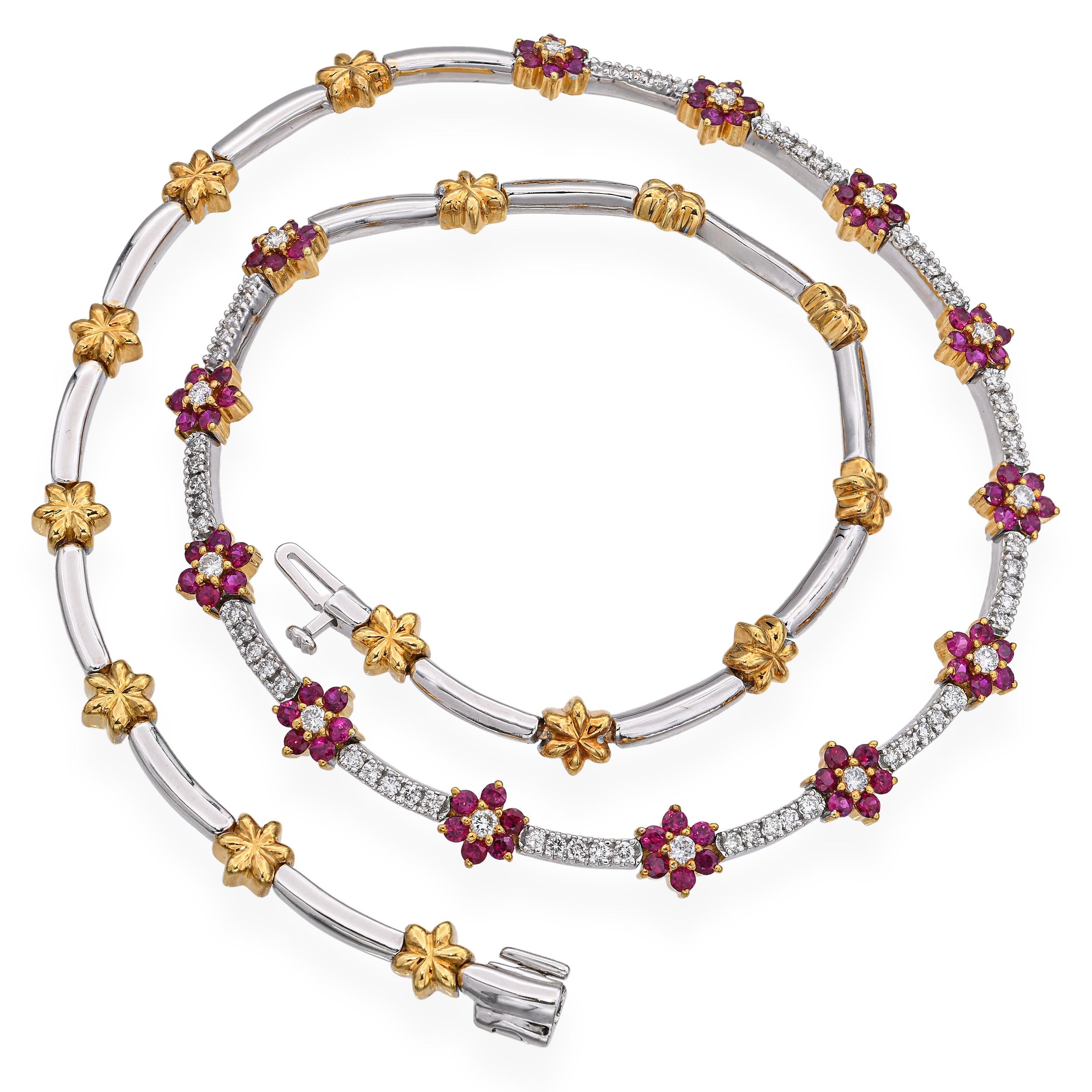 18k Two-Tone Gold 2.34tcw Ruby and 1.98tcw Diamond Floral Necklace