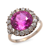 Vintage Yellow Gold Created Pink Sapphire Diamond Halo Ring