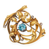 Antique Rococo Revival 18k Yellow Gold Blue Zircon and Rose Cut Diamond Brooch