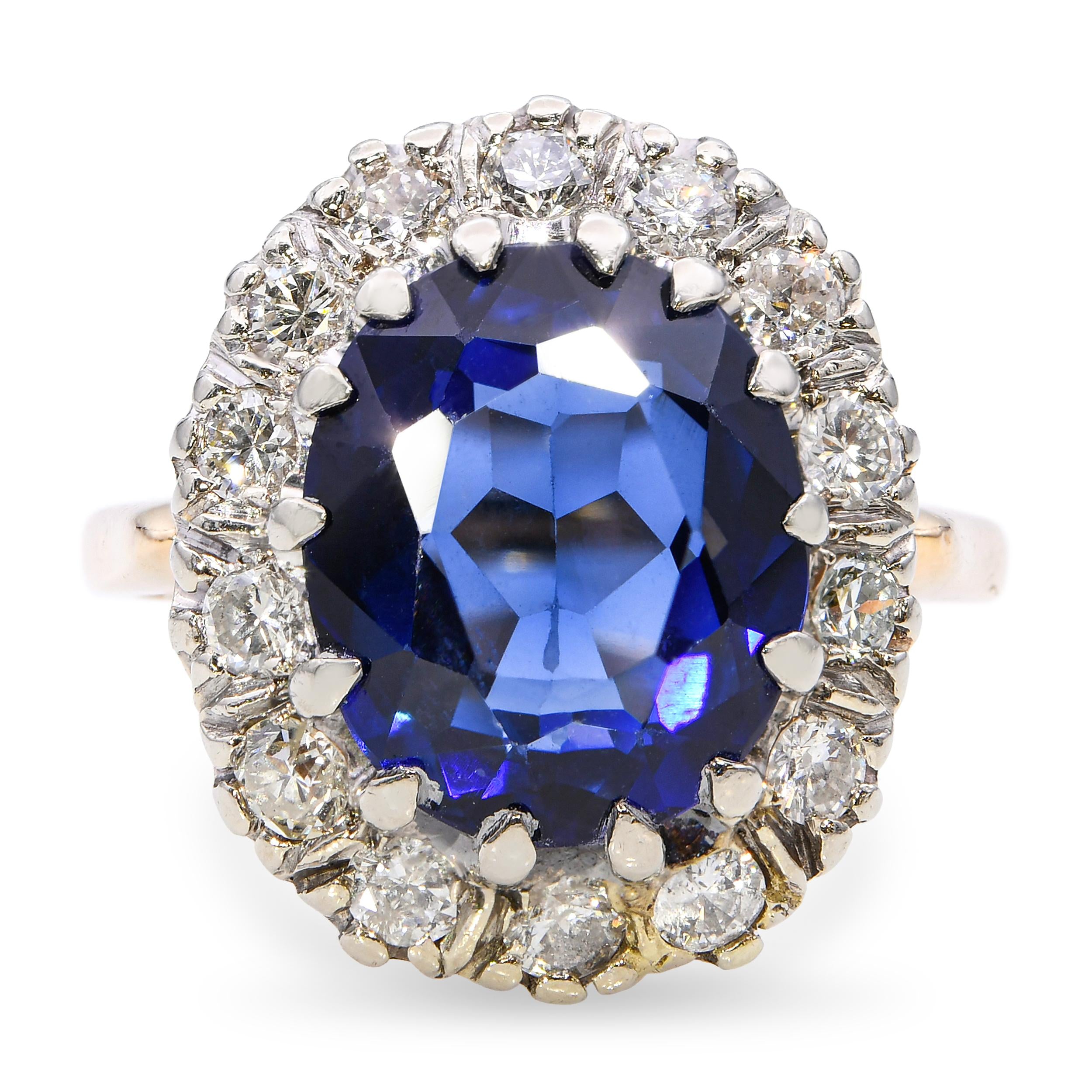 Vintage 14k Two Tone Gold 4.80ct Synthetic Sapphire & 1.12tcw Diamond Ring
