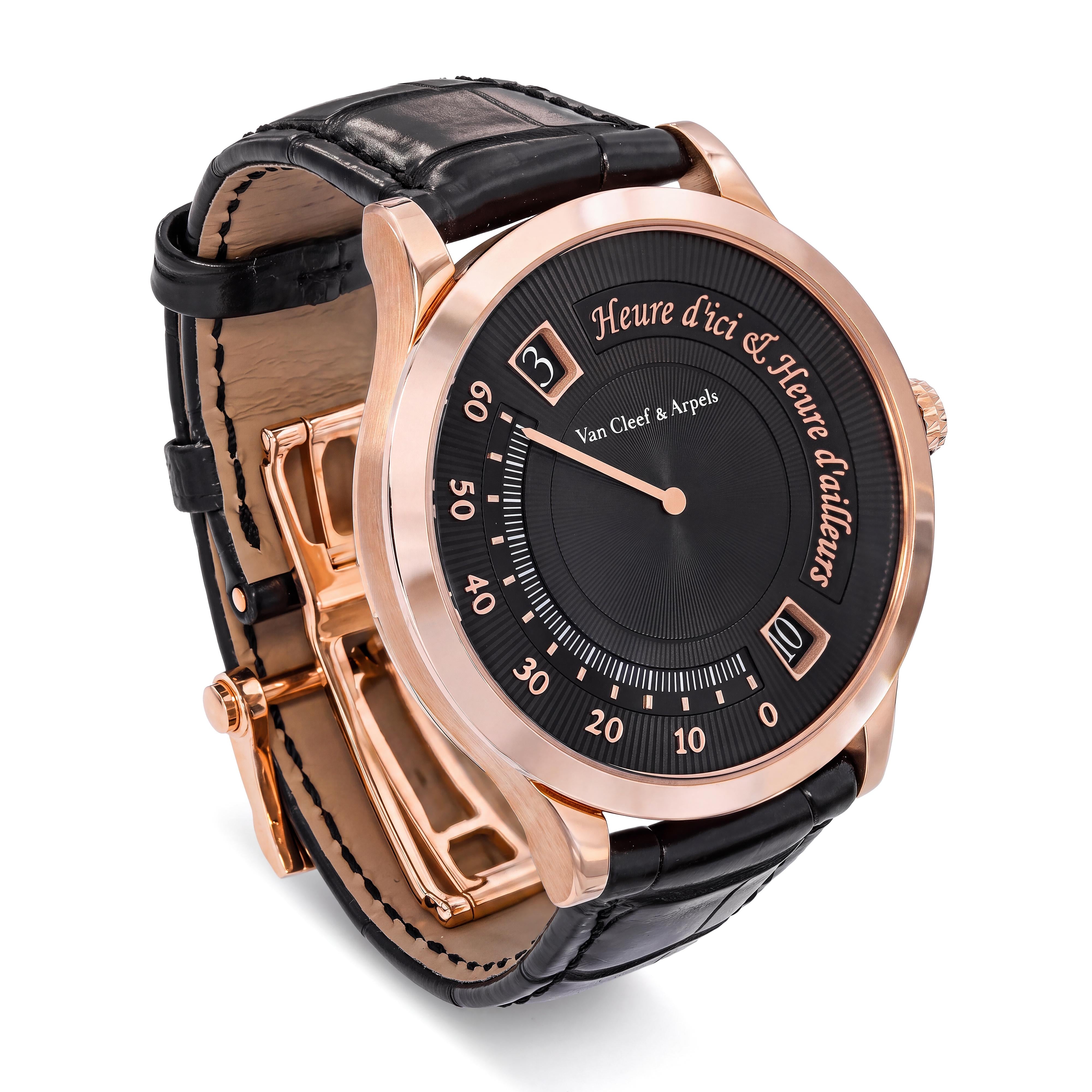 Van Cleef & Arpels 18k Rose Gold Heure D’ici & D’ailleurs 42mm Automatic Watch
