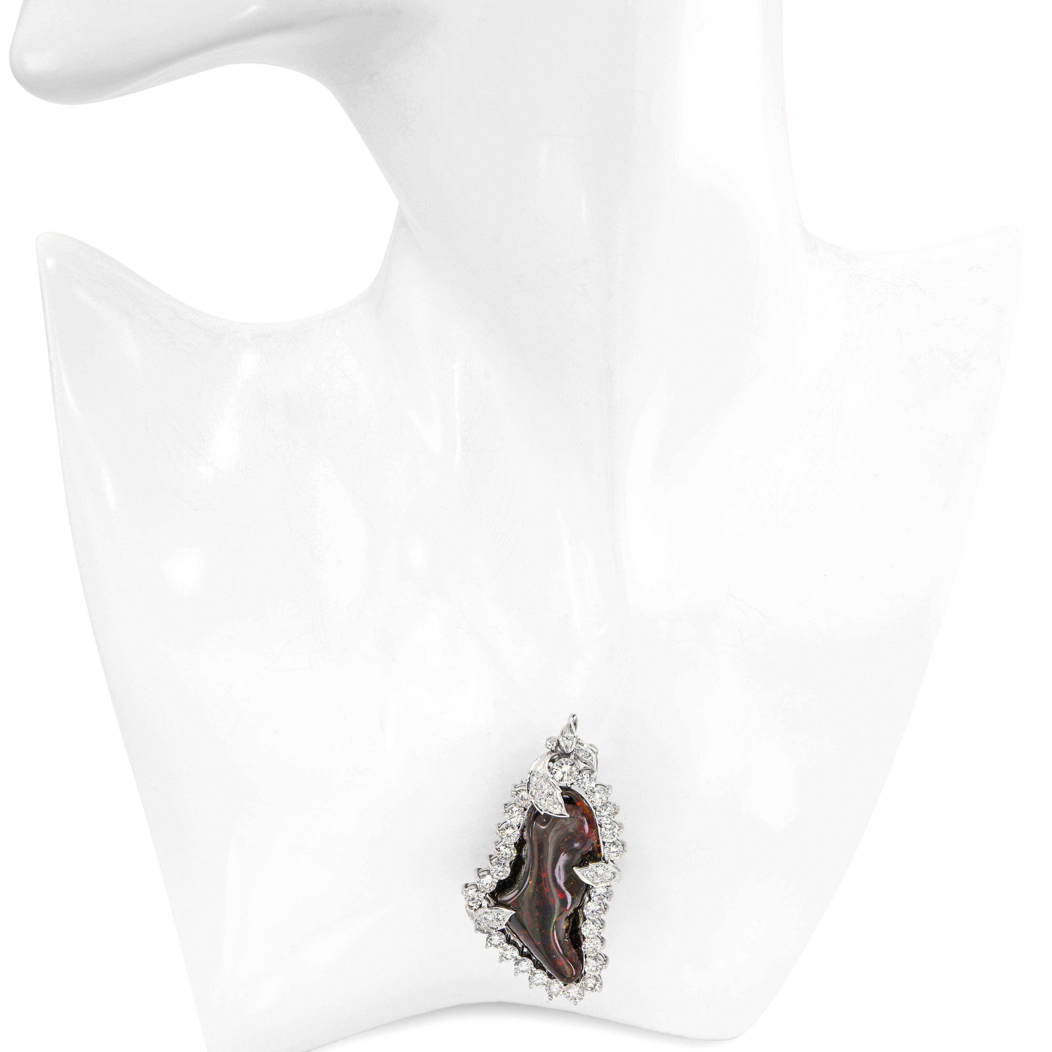 14k White Gold Precious Chocolate Mexican Opal and Diamond Pendant Brooch