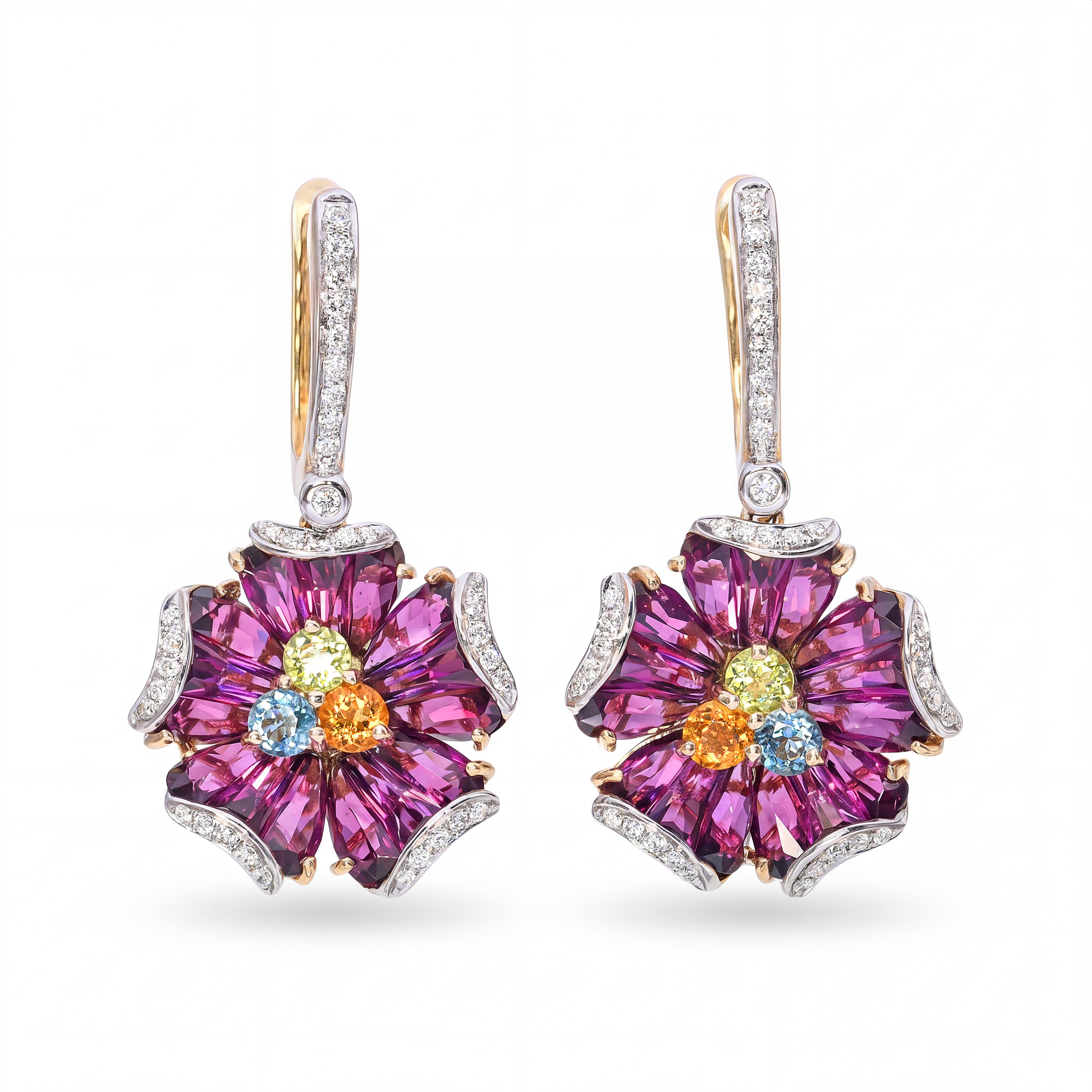 Bellarri 14k Yellow Gold Multi-Gemstone and Diamond Floral Hoop Dangle Earrings