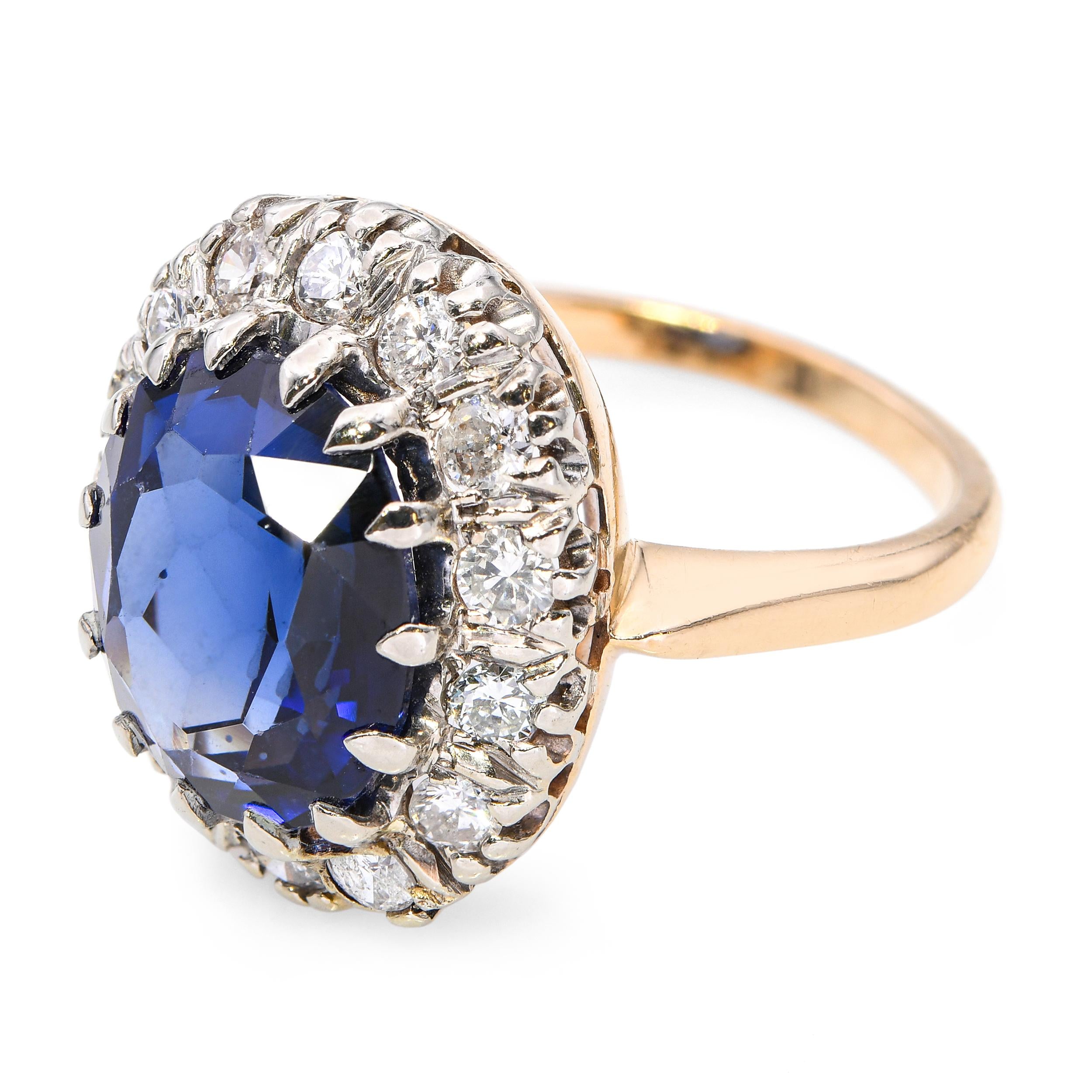 Vintage 14k Two Tone Gold 4.80ct Synthetic Sapphire & 1.12tcw Diamond Ring