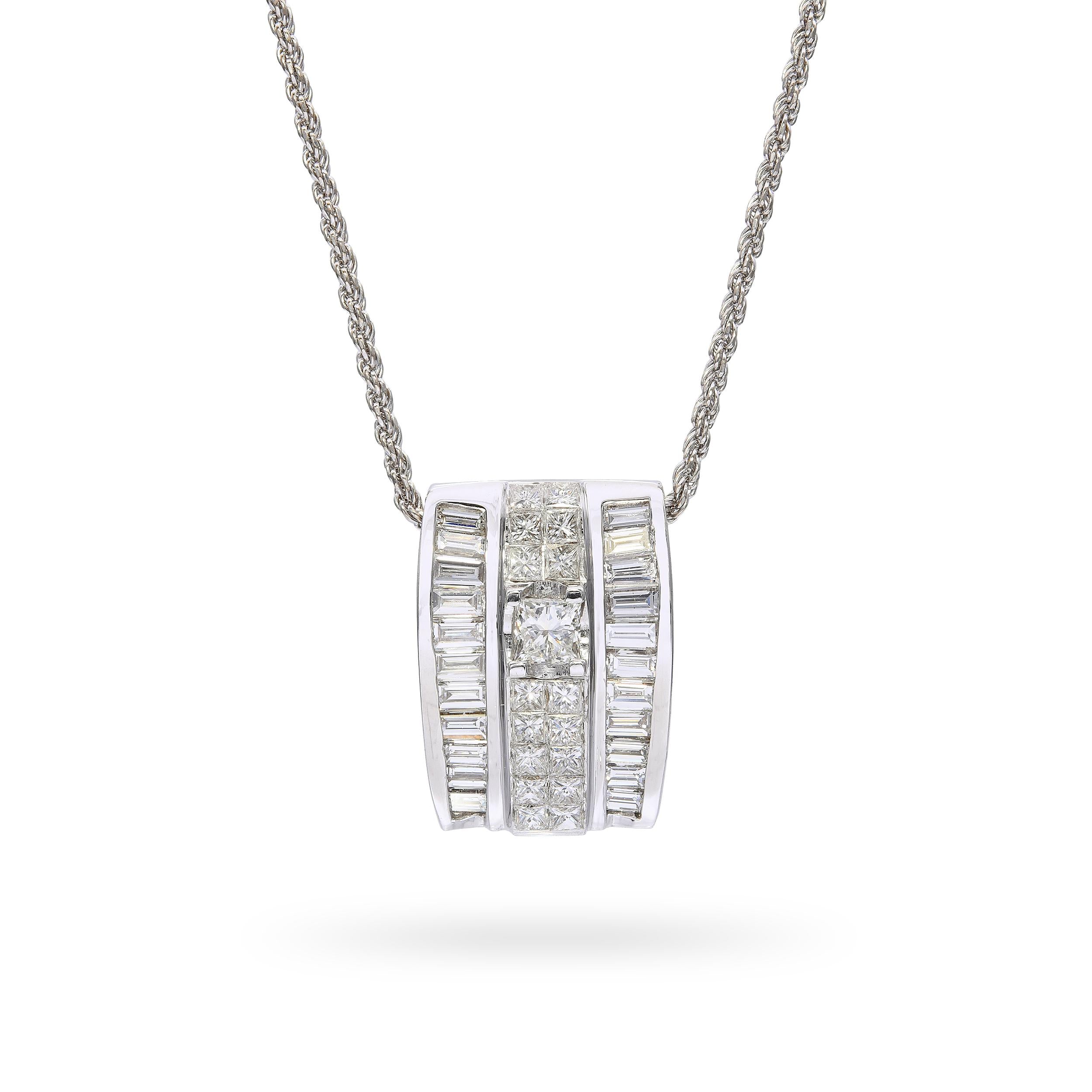White Gold 2.36ctw Princess Cut and Baguette Diamond Pendant with Rope Necklace