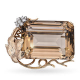 Vintage 14k Rose Gold 73.86ct Smoky Quartz & Diamond Leaf Motif Brooch