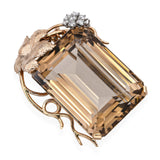 Vintage 14k Rose Gold 73.86ct Smoky Quartz & Diamond Leaf Motif Brooch